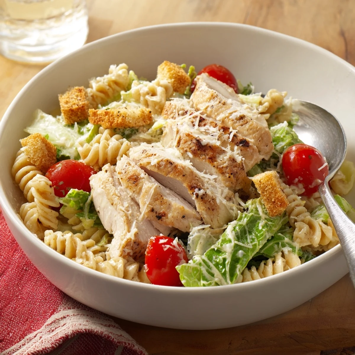 Overhead view of a Caesar Pasta Chicken Bowl featuring tender grilled chicken, pasta, and crisp romaine tossed in creamy Caesar dressing.