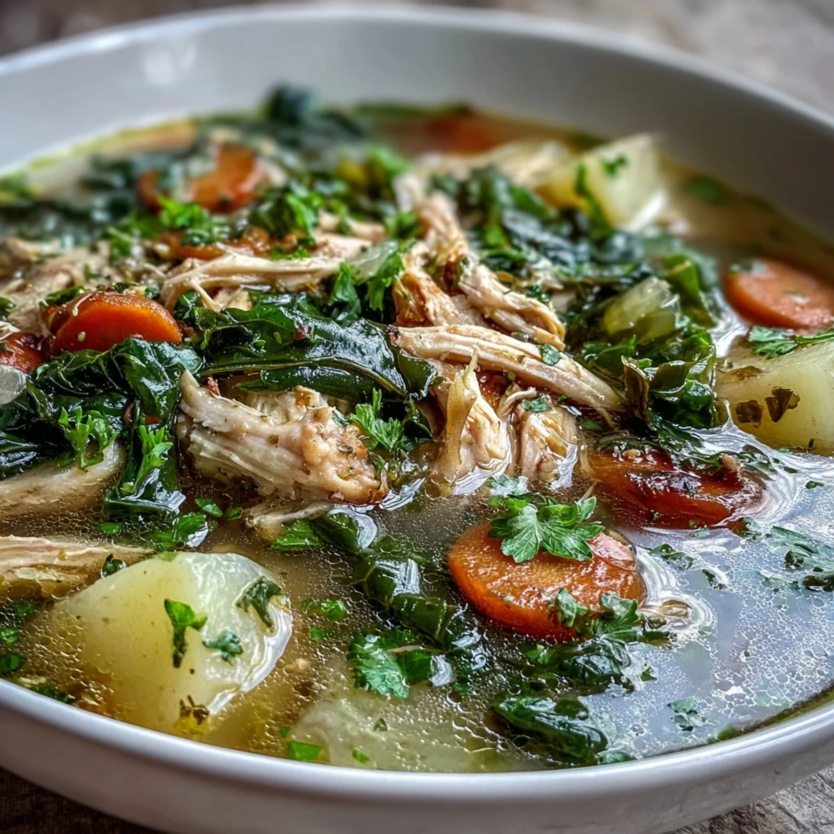 Close-up of Collard Greens, Chicken and Vegetable Soup in a rustic bowl, featuring bright collard greens, carrots, and celery in a golden, aromatic broth, ready to serve.