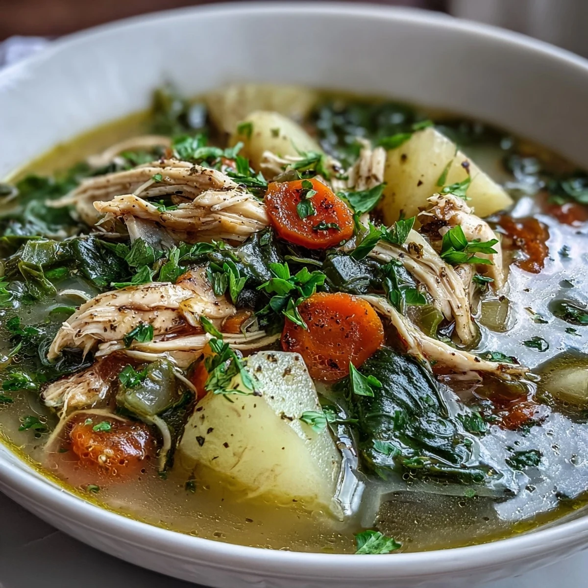 Hearty Collard Greens, Chicken and Vegetable Soup simmering in a pot, revealing chunks of potato, shredded chicken, and wilted greens, perfect for a wholesome family dinner.