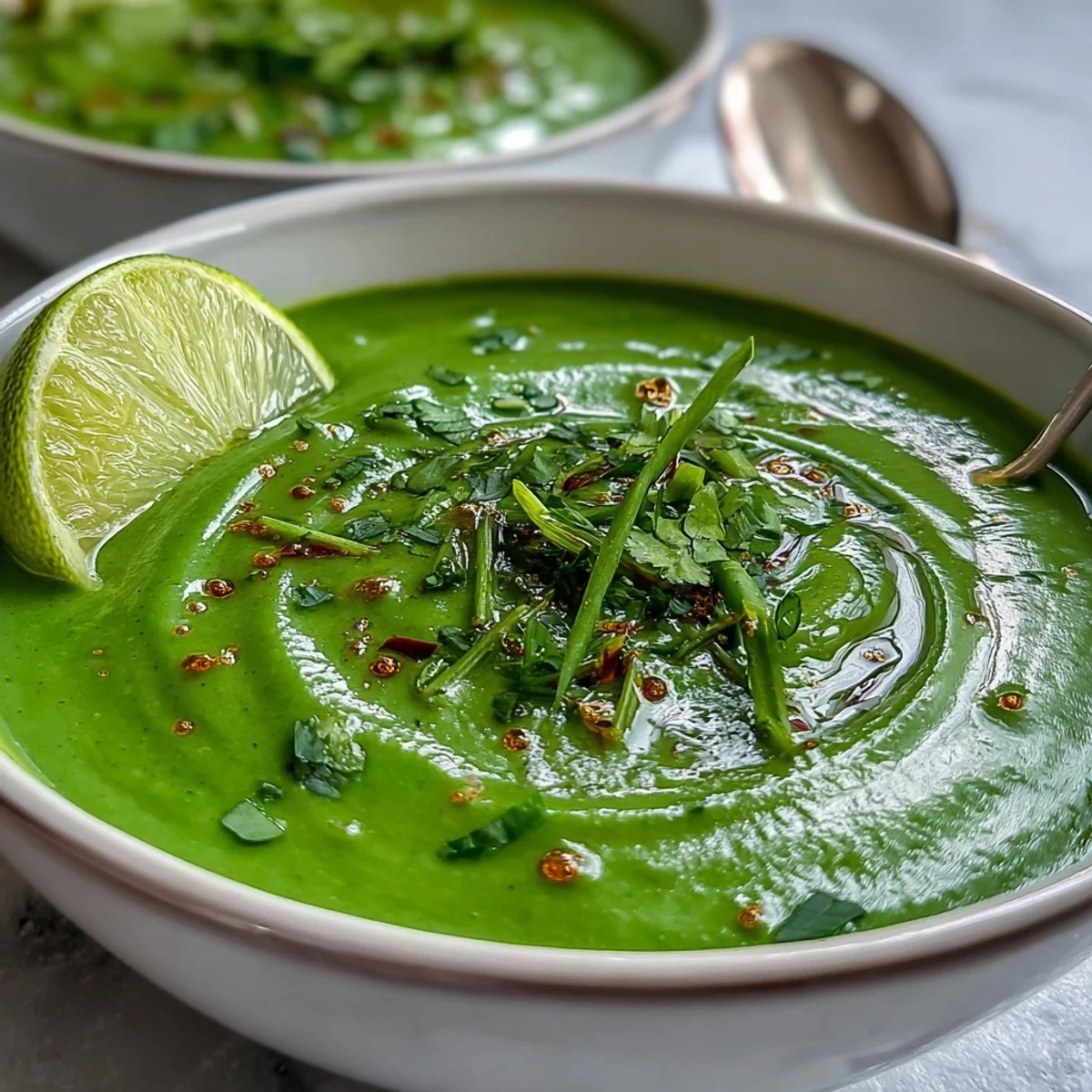A ladle lifts velvety spinach coriander lemongrass soup beside lemongrass stalks and cilantro sprigs, perfect with crusty bread.