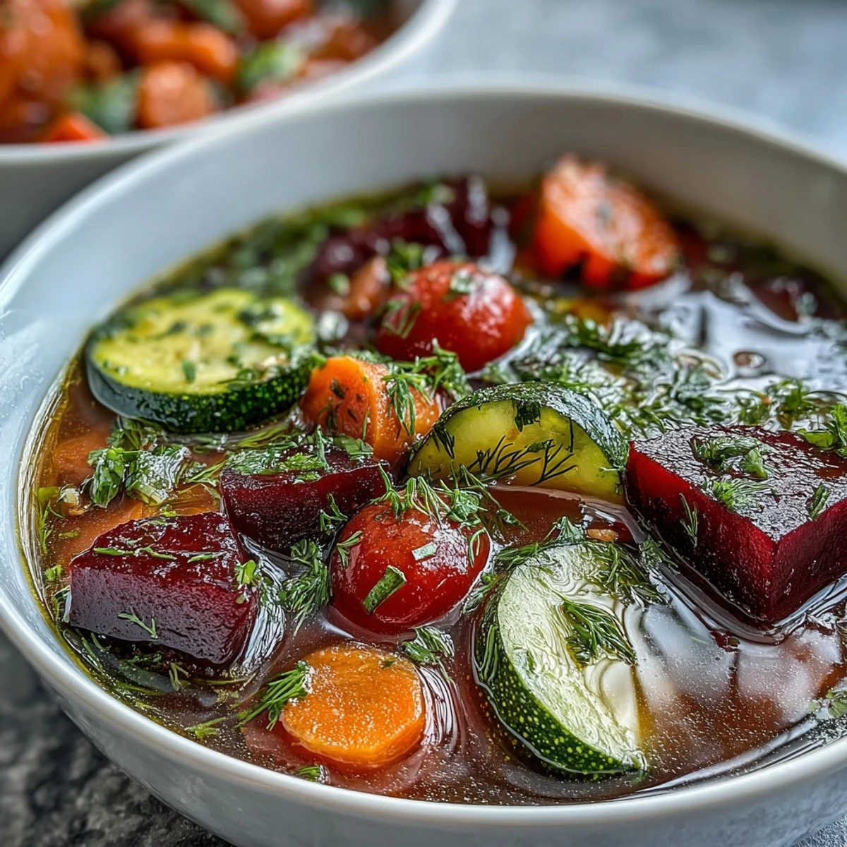 A vibrant bowl of Rainbow Vegetable Detox Soup filled with diced beetroot, carrots, and fresh herbs in a light broth.  