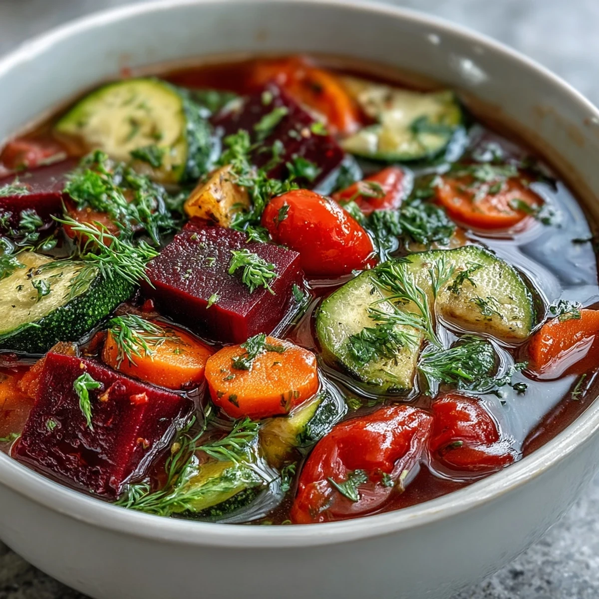 Close-up photo of steaming Rainbow Vegetable Detox Soup featuring zucchini, tomatoes, and green bell peppers in a rustic bowl.  