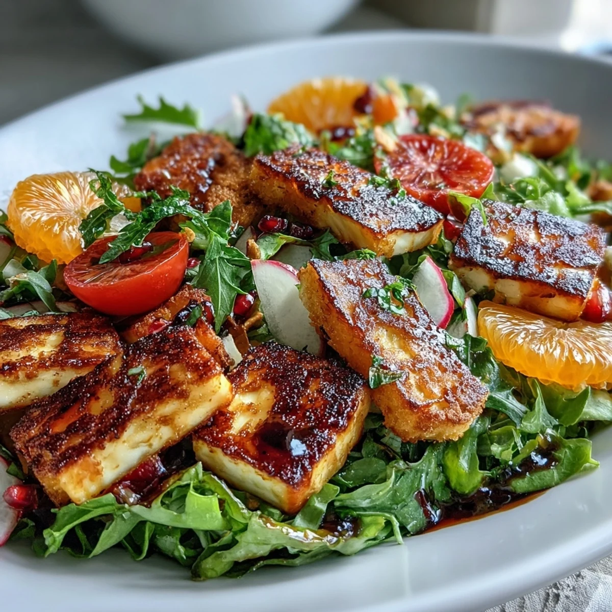 Golden-fried halloumi and juicy blood orange slices top a colorful salad of crisp greens, cucumber, and crunchy sourdough croutons in this Halloumi Blood Orange Fattoush.