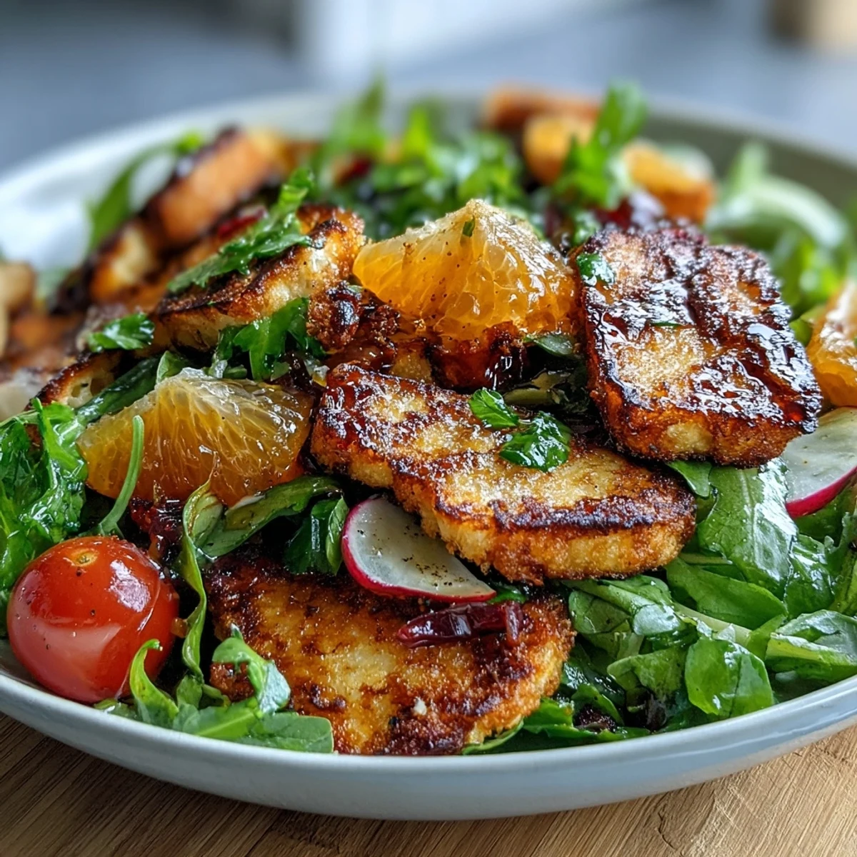 A vibrant serving of Halloumi Blood Orange Fattoush features warm halloumi, bright citrus, and crisp lettuce tossed with pomegranate molasses dressing.