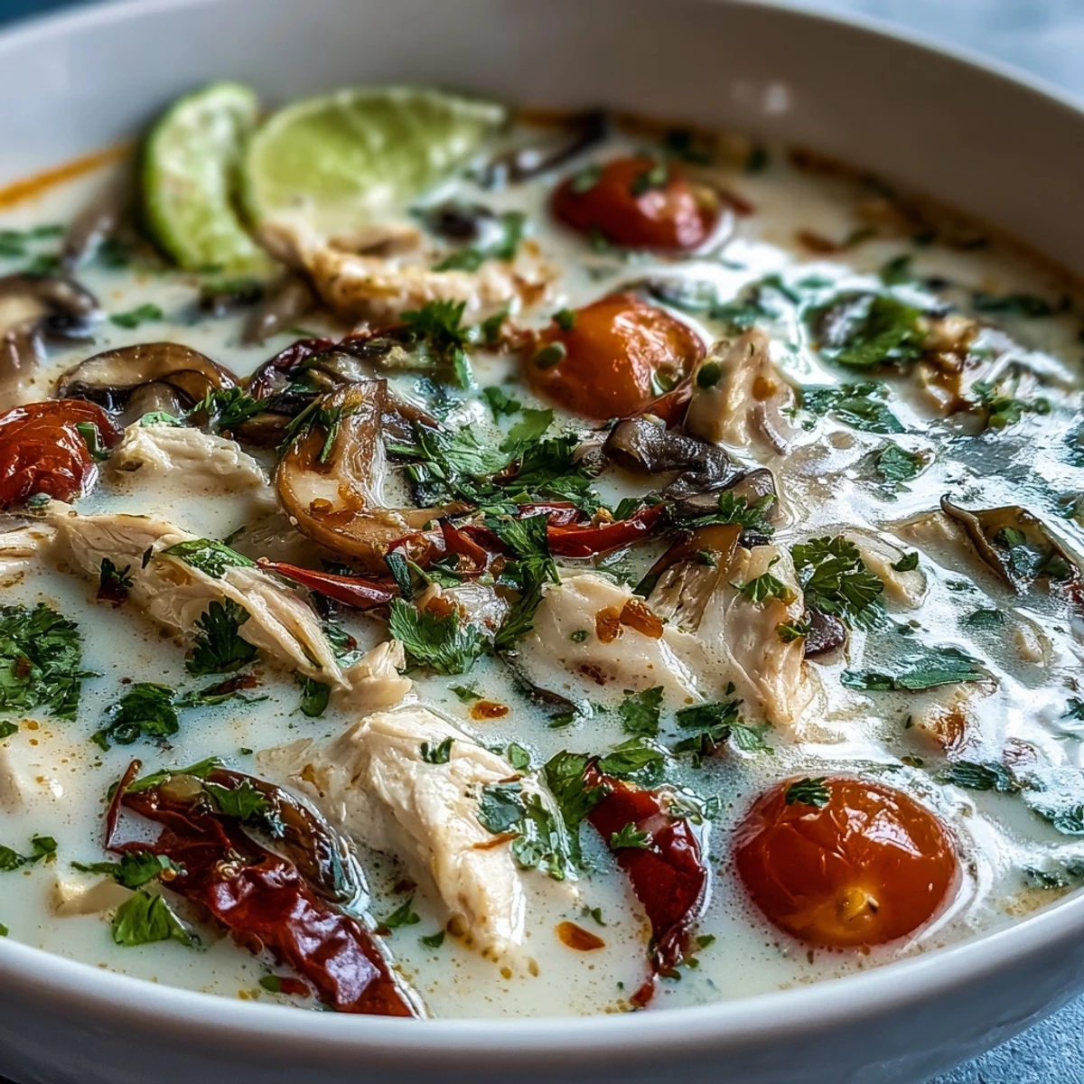 Bright Best Ever Tom Kha Gai Soup served with lime wedges, cilantro, and red chili garnish next to steamed rice.