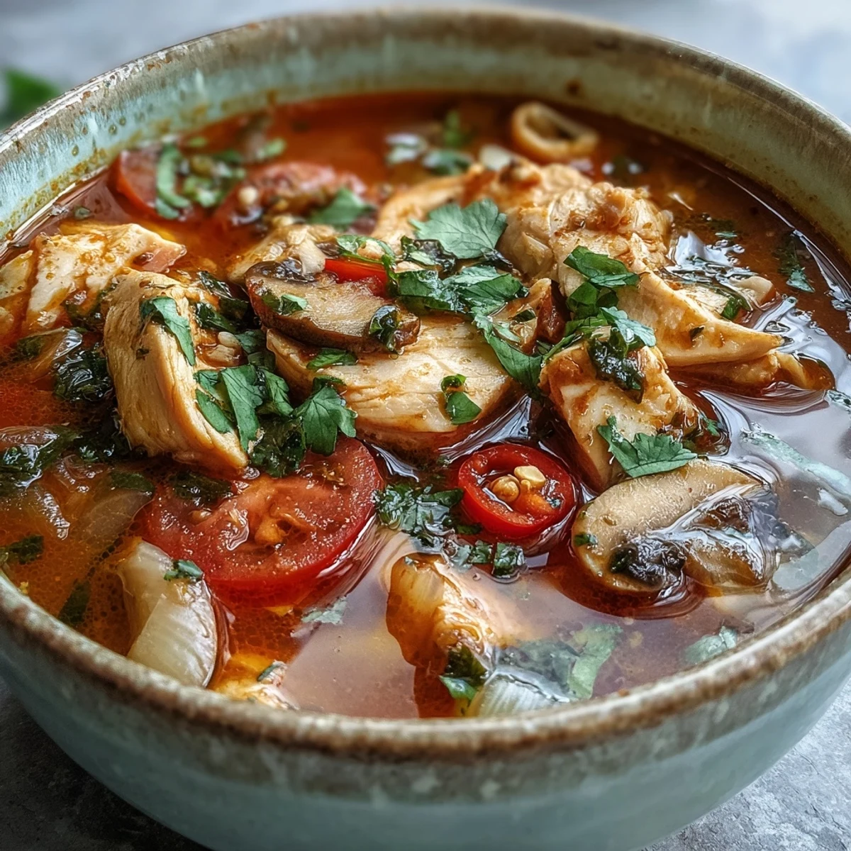 A steaming bowl of Tom Yum Gai garnished with fresh cilantro, mushrooms, and lime wedges, showcasing a vibrant red broth.