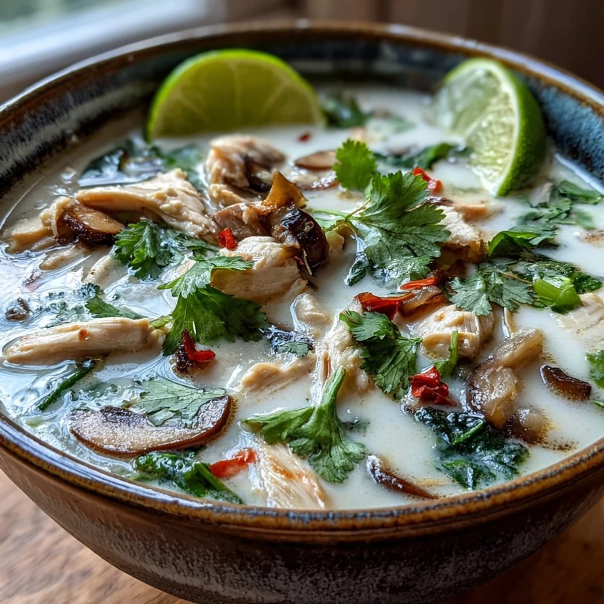 A close-up of Tom Kha Gai, creamy coconut broth with tender chicken, mushrooms, and fresh cilantro garnish.