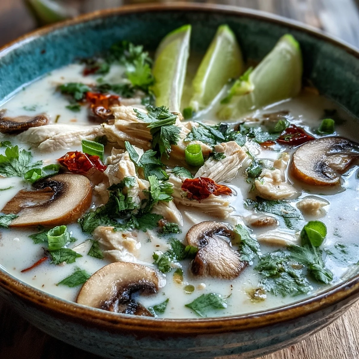 A vibrant bowl of Tom Kha Gai featuring golden coconut broth, sliced chicken thighs, and aromatic galangal.