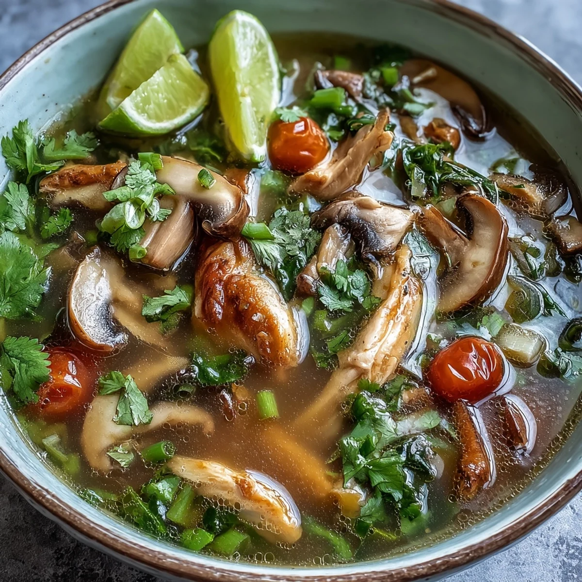 A steaming bowl of homemade Tom Yum Chicken soup, featuring tender chicken pieces, mushrooms, and tomato wedges in a clear, aromatic red broth infused with lemongrass and chilies.