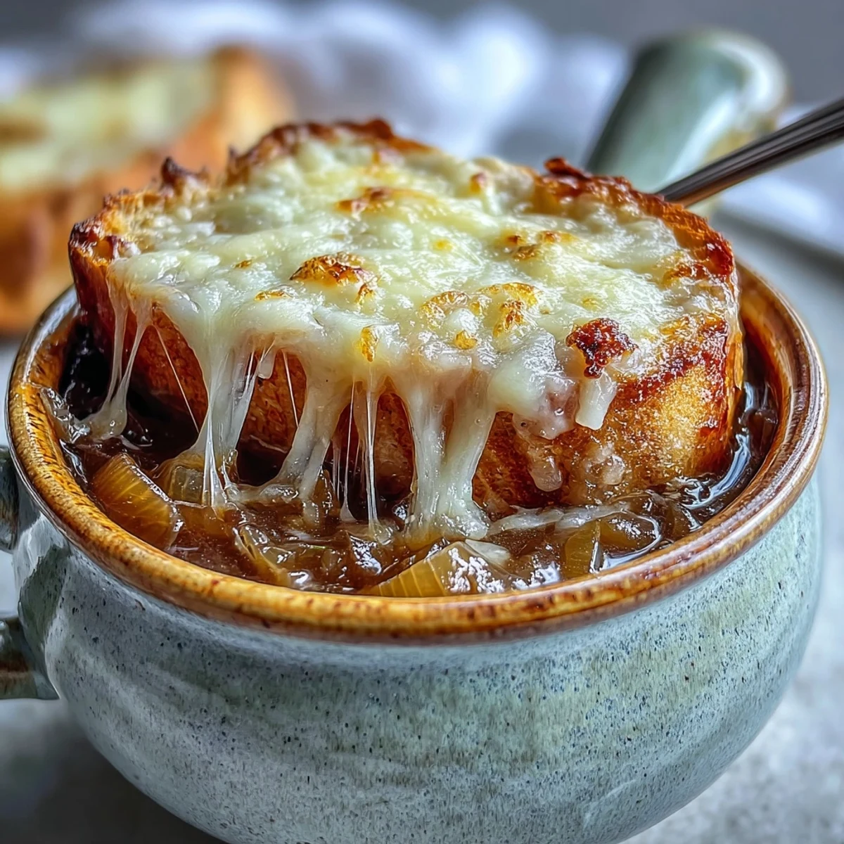 French Onion Soup bubbling under a broiler, featuring toasted crusty bread topped with golden, bubbly Gruyère cheese.  