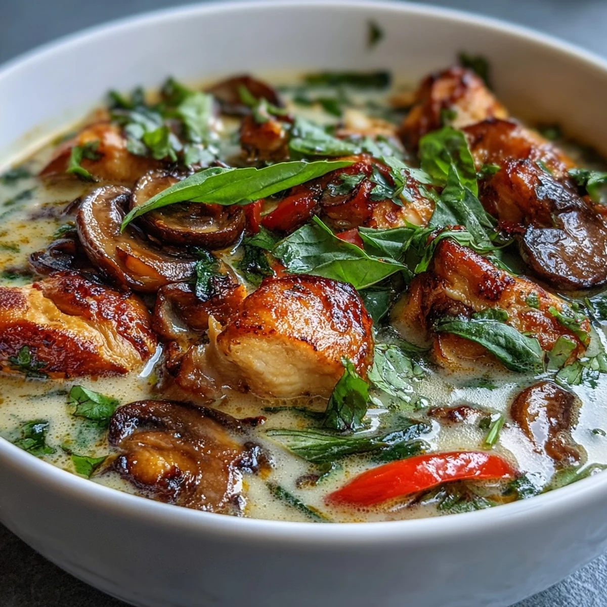 Fragrant Thai Chicken Coconut Curry Soup in a white bowl, garnished with fresh cilantro and lime wedges, steam rising from the creamy broth.