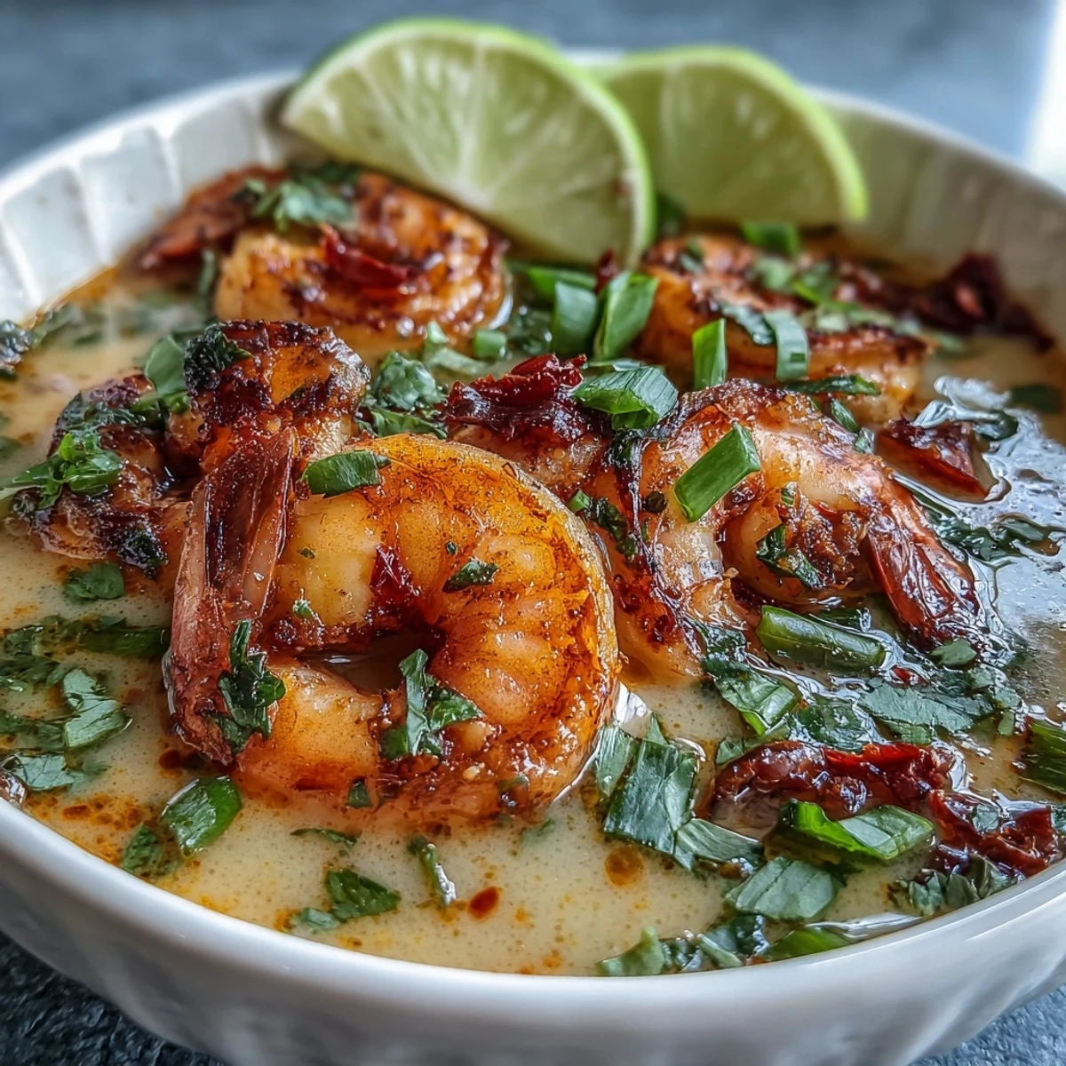 A warm bowl of Thai Coconut Shrimp Soup garnished with fresh cilantro and lime wedges, highlighting the creamy, aromatic broth.  