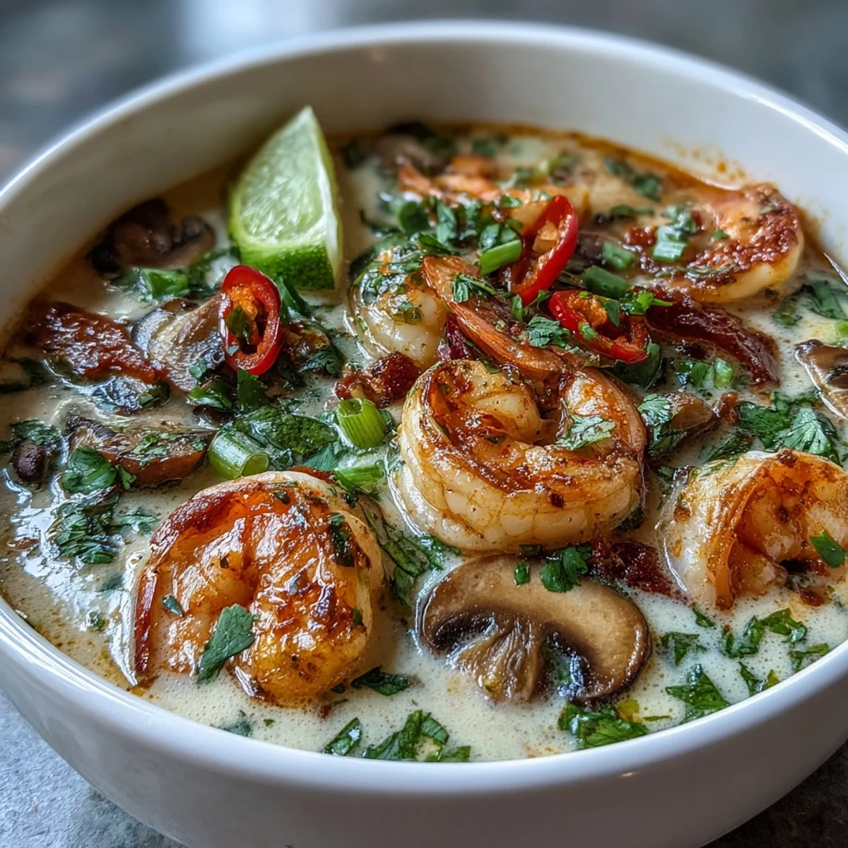 Close-up of Thai Coconut Shrimp Soup, showcasing tender shrimp and fresh herbs in a rich, coconut-based broth.