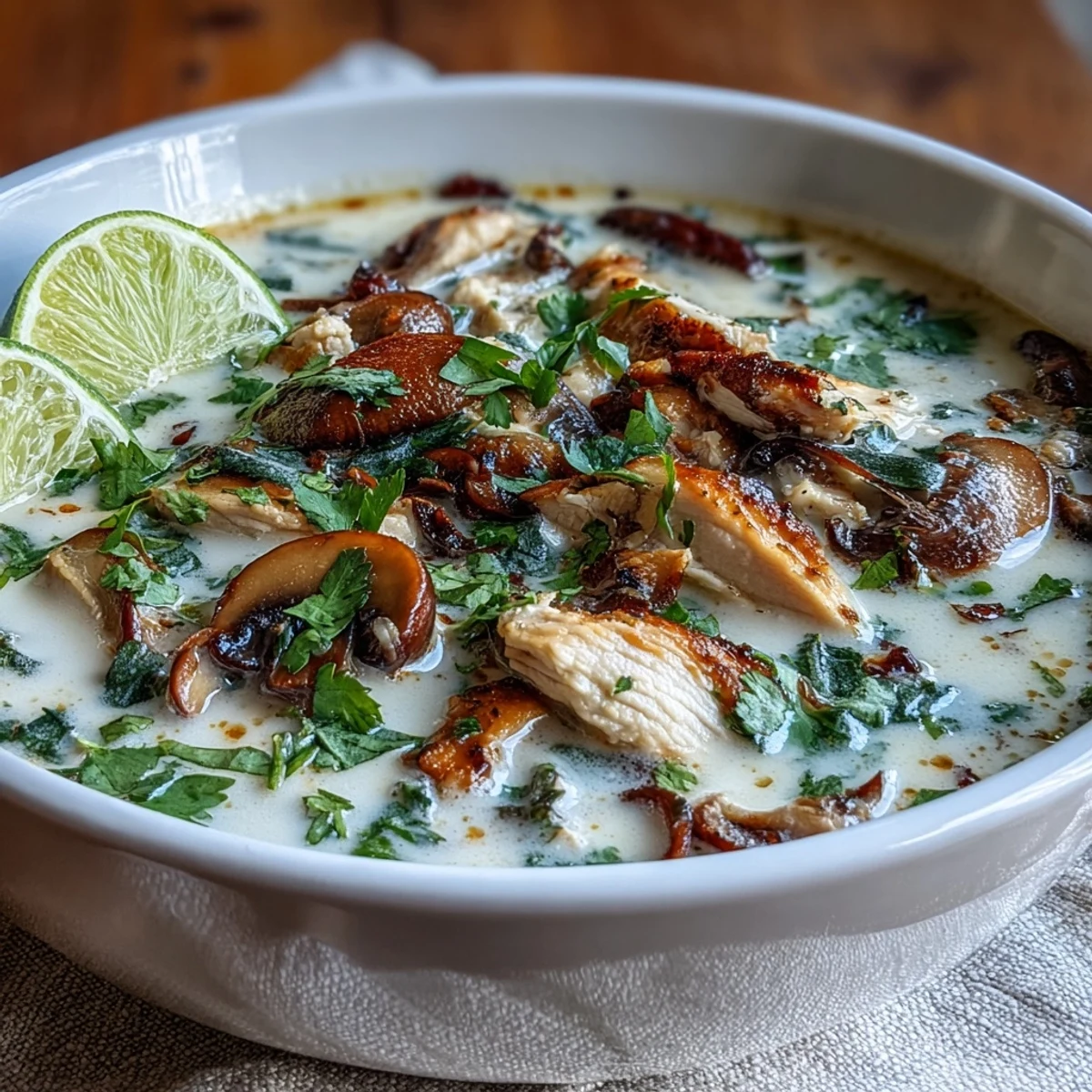 Hot and sour Tom Kha Soup served in a rustic bowl with jasmine rice on the side.