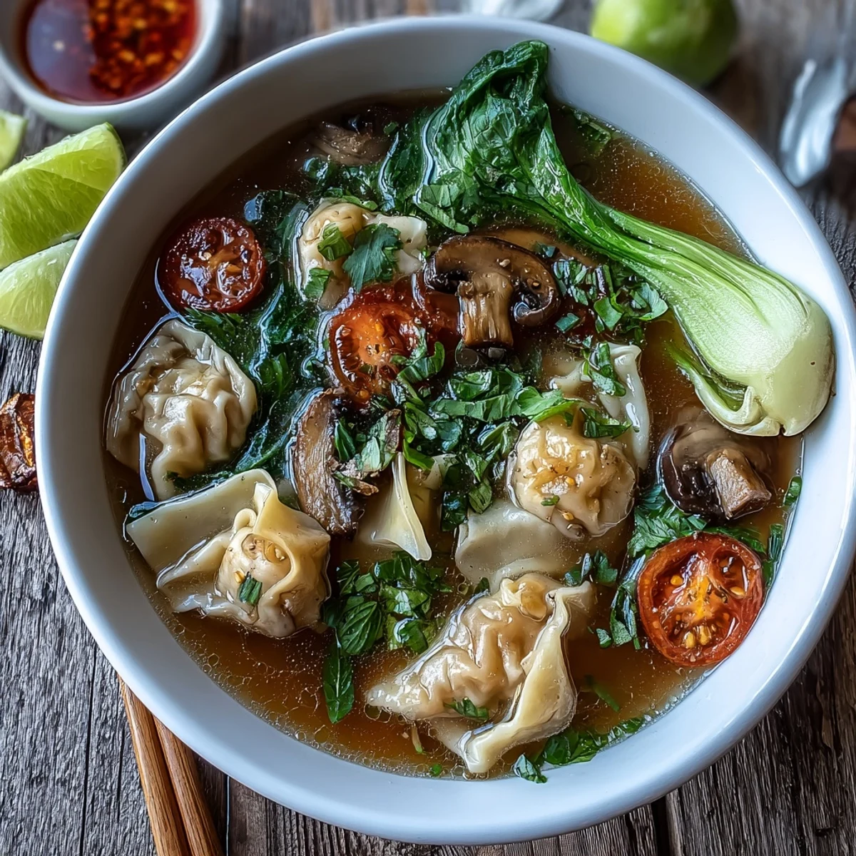 A close-up of steaming Tom Yum Wonton Soup, showcasing tender pork wontons and shiitake mushrooms in a clear, aromatic red broth.