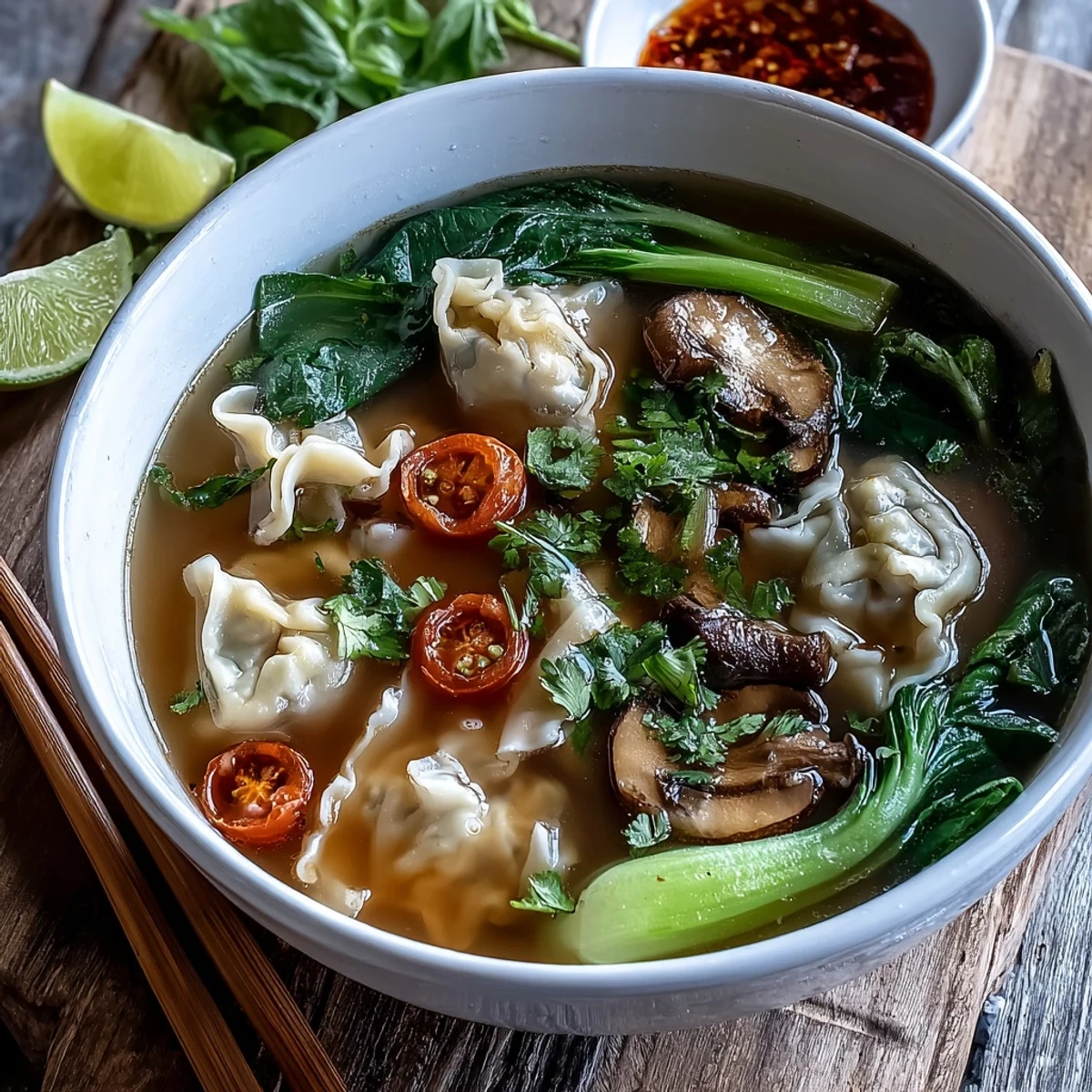 Steaming bowls of homemade Tom Yum Wonton Soup feature plump dumplings, fresh lime wedges, and cilantro in a spicy, tangy broth.