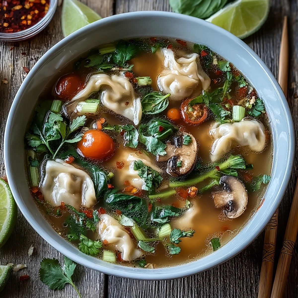 Vibrant Tom Yum Wonton Soup in a rustic bowl, garnished with chili slices and green onions, ready for a comforting lunch.