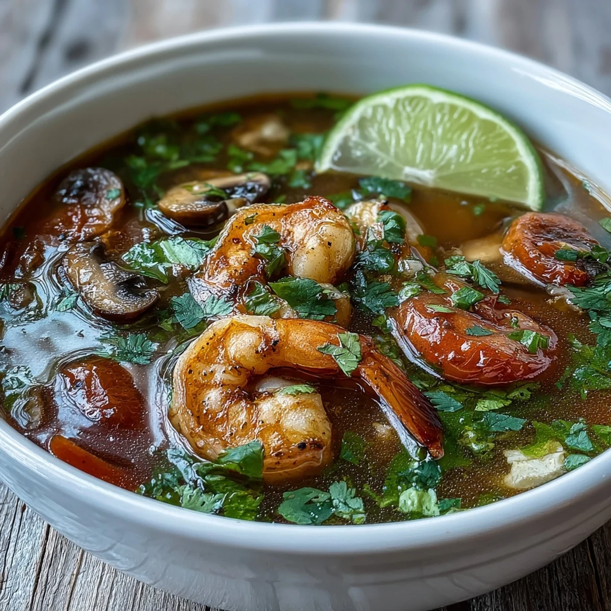 Steaming hot Tom Yum Soup showcases tender shrimp, sliced mushrooms, and tomato wedges, garnished with fresh cilantro and lime wedges.