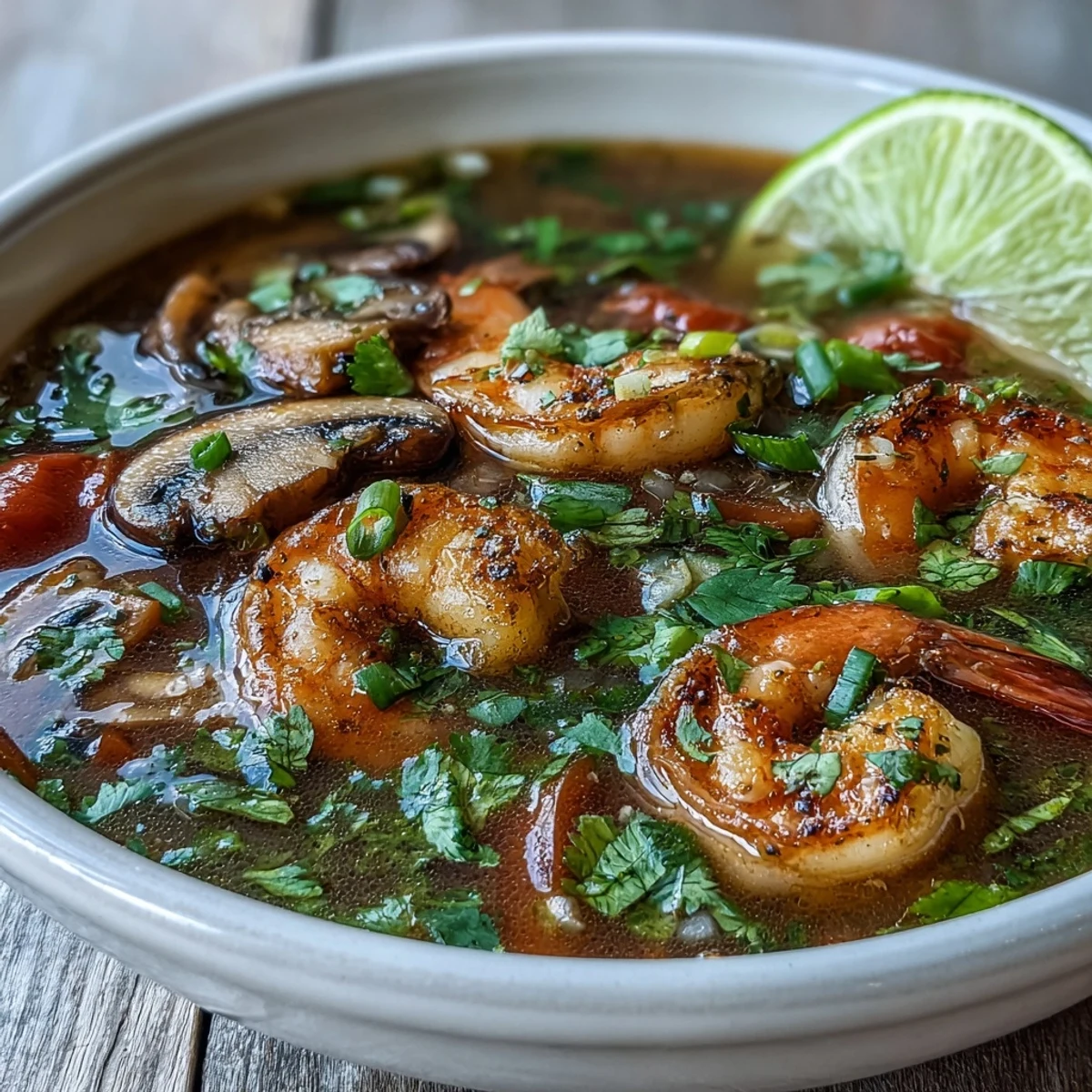 Overhead view of homemade Tom Yum Soup with shrimp, mushrooms, and fresh herbs, served alongside a bowl of fluffy steamed rice.