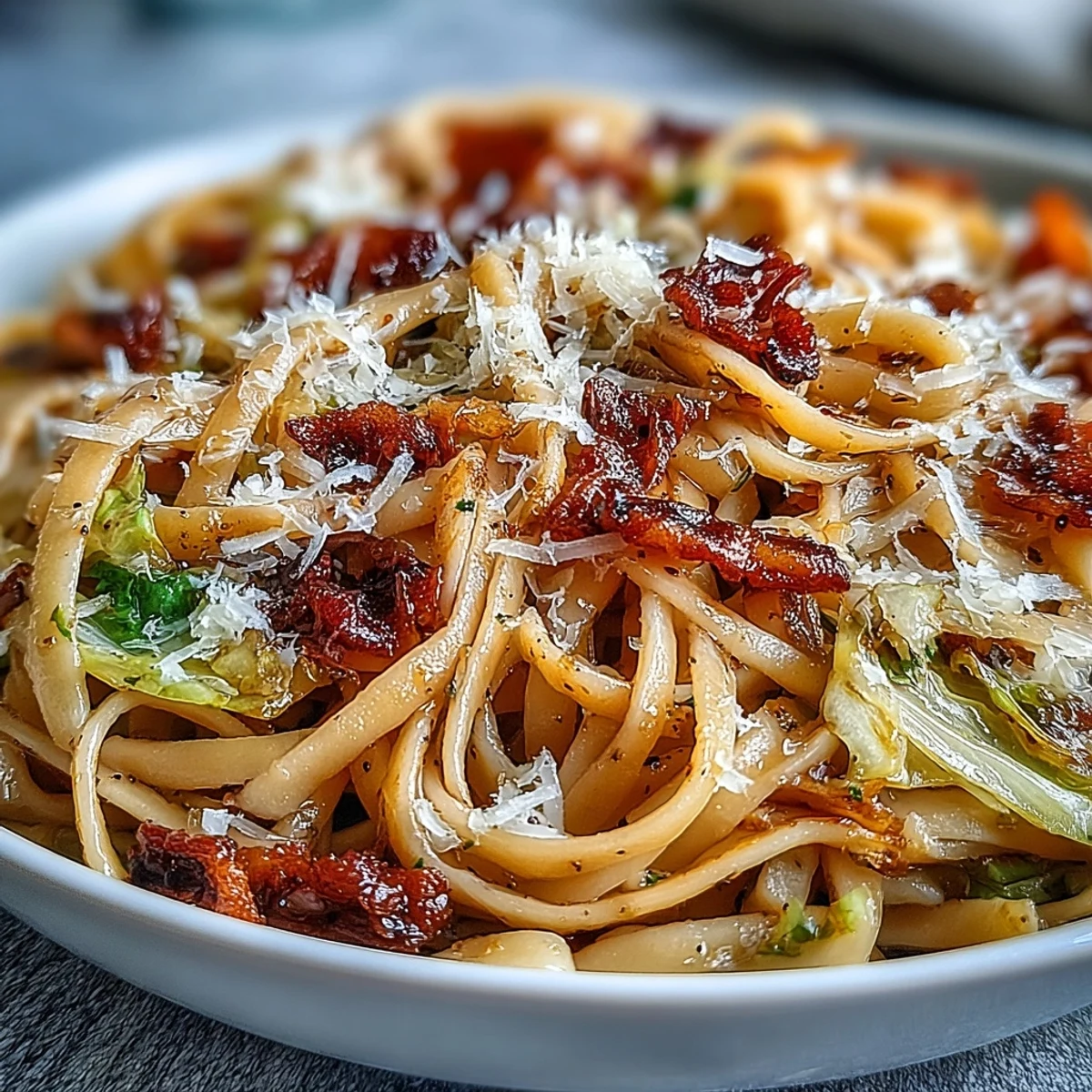 A rustic wooden table presents Cabbage Pasta with Garlic and Parmesan and a glass of Pinot Grigio.