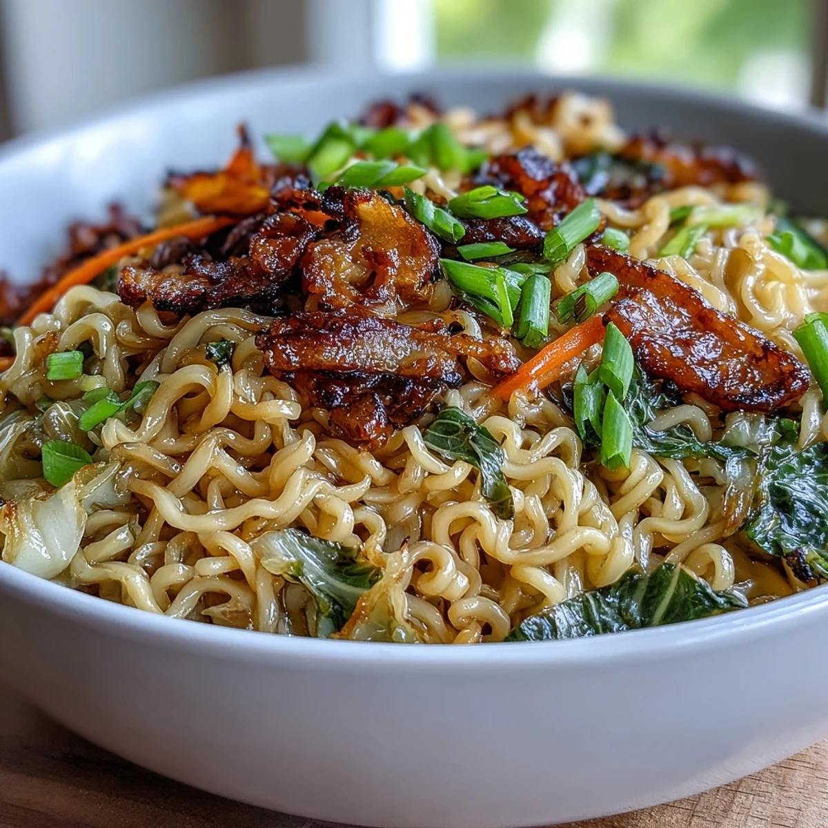 Steaming bowl of Fried Cabbage Ramen topped with fresh scallions and sesame seeds.