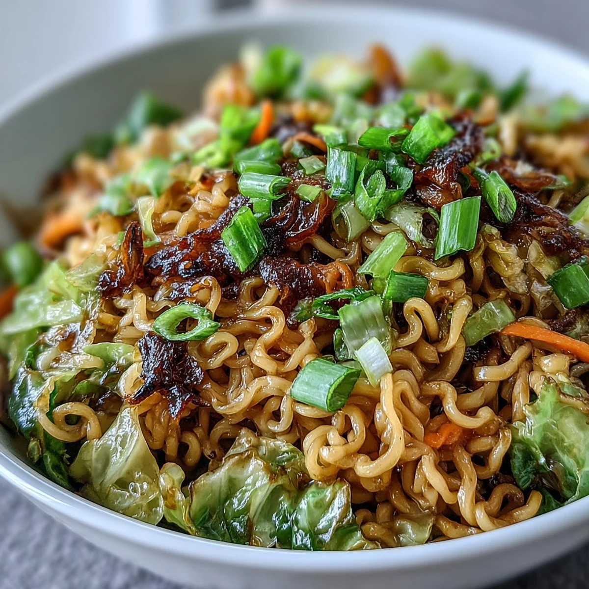 Quick weeknight Fried Cabbage Ramen served with a spicy sauce and carrots.