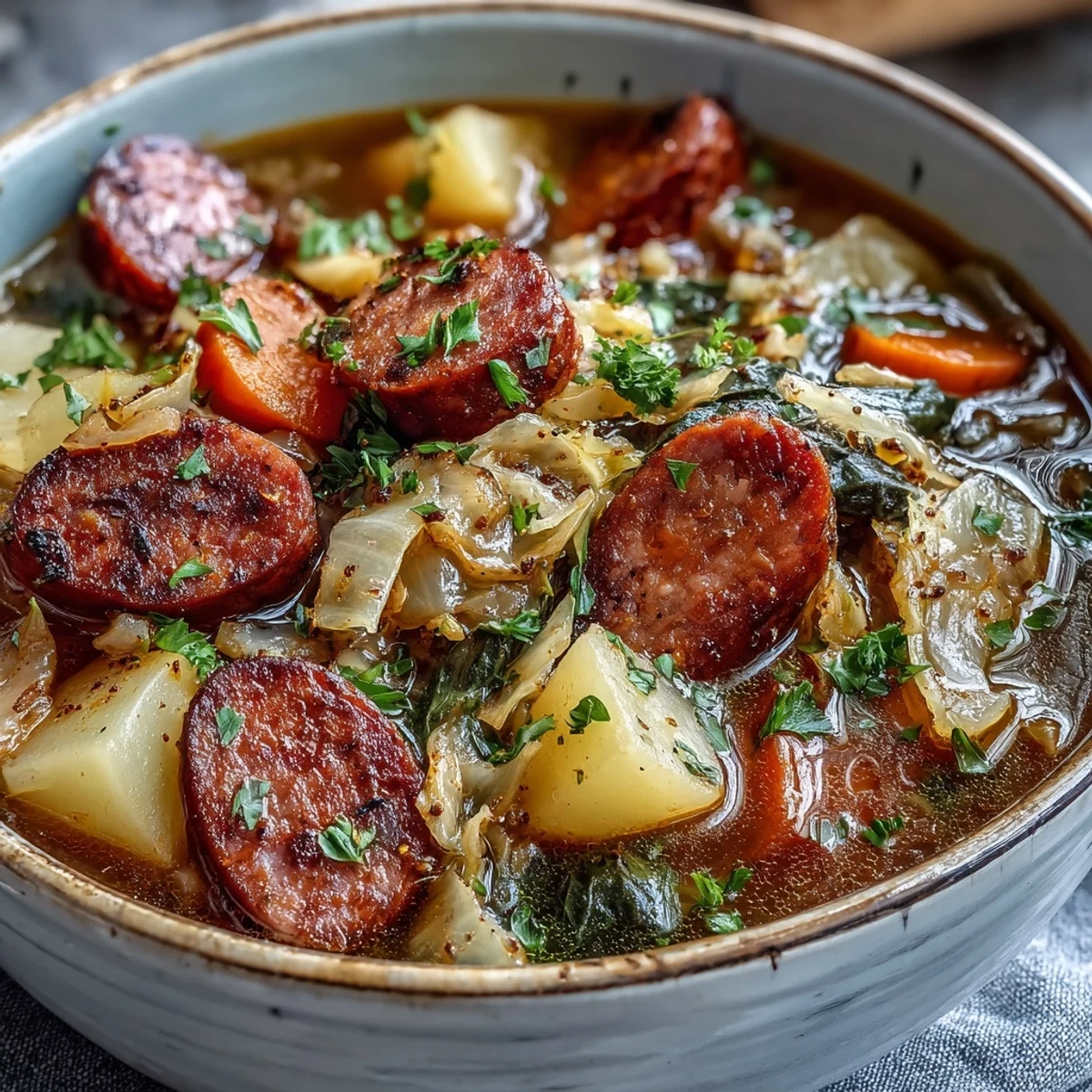 Warm Sausage, Potato and Cabbage Soup served in a rustic bowl, perfect for chilly autumn nights.