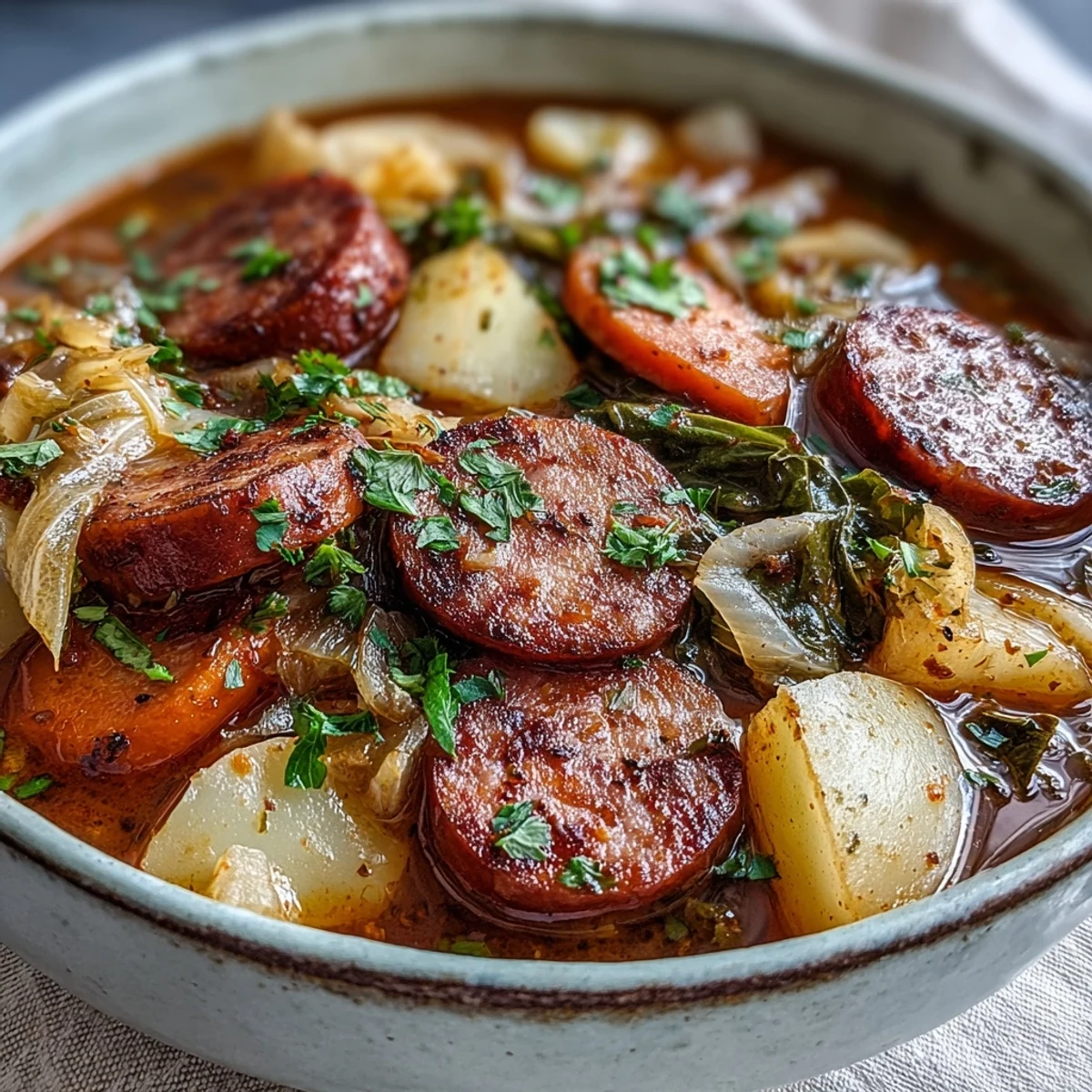 Smoked sausage, tender potatoes, and green cabbage simmer in a rich broth for a comforting one-pot meal.