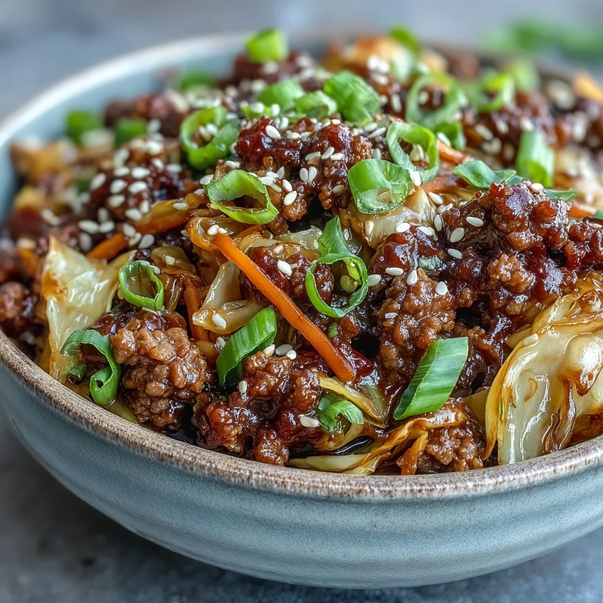 A plated serving of Chinese Ground Beef and Cabbage Stir-Fry garnished with green onions, ready for a low-carb weeknight dinner.