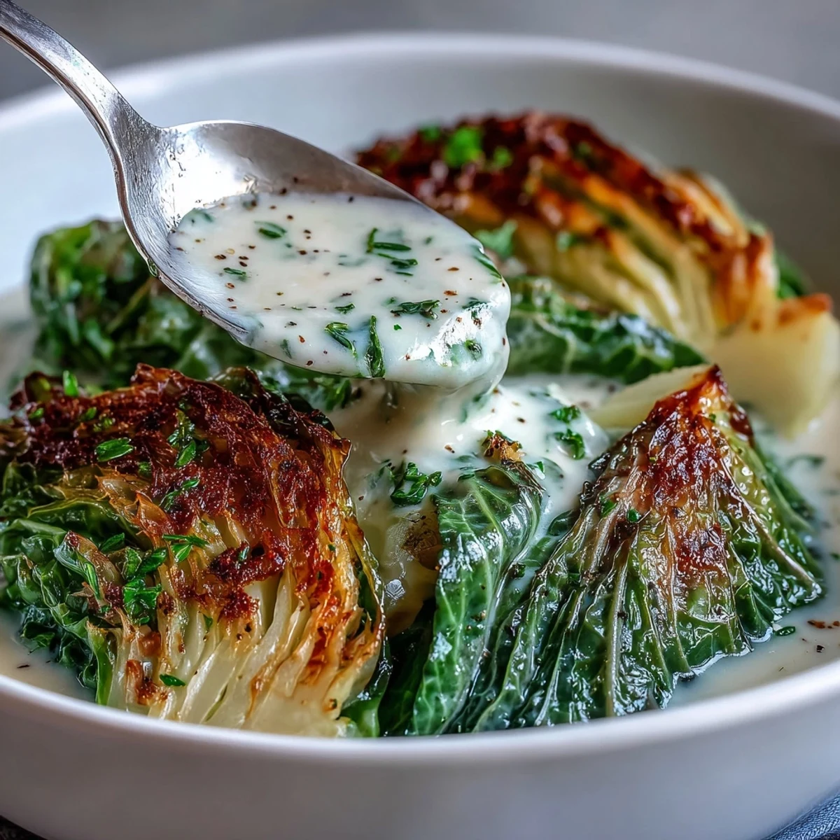 Spoon-ready Herby Cabbage in Parmesan Broth topped with extra Parmesan alongside crusty bread.