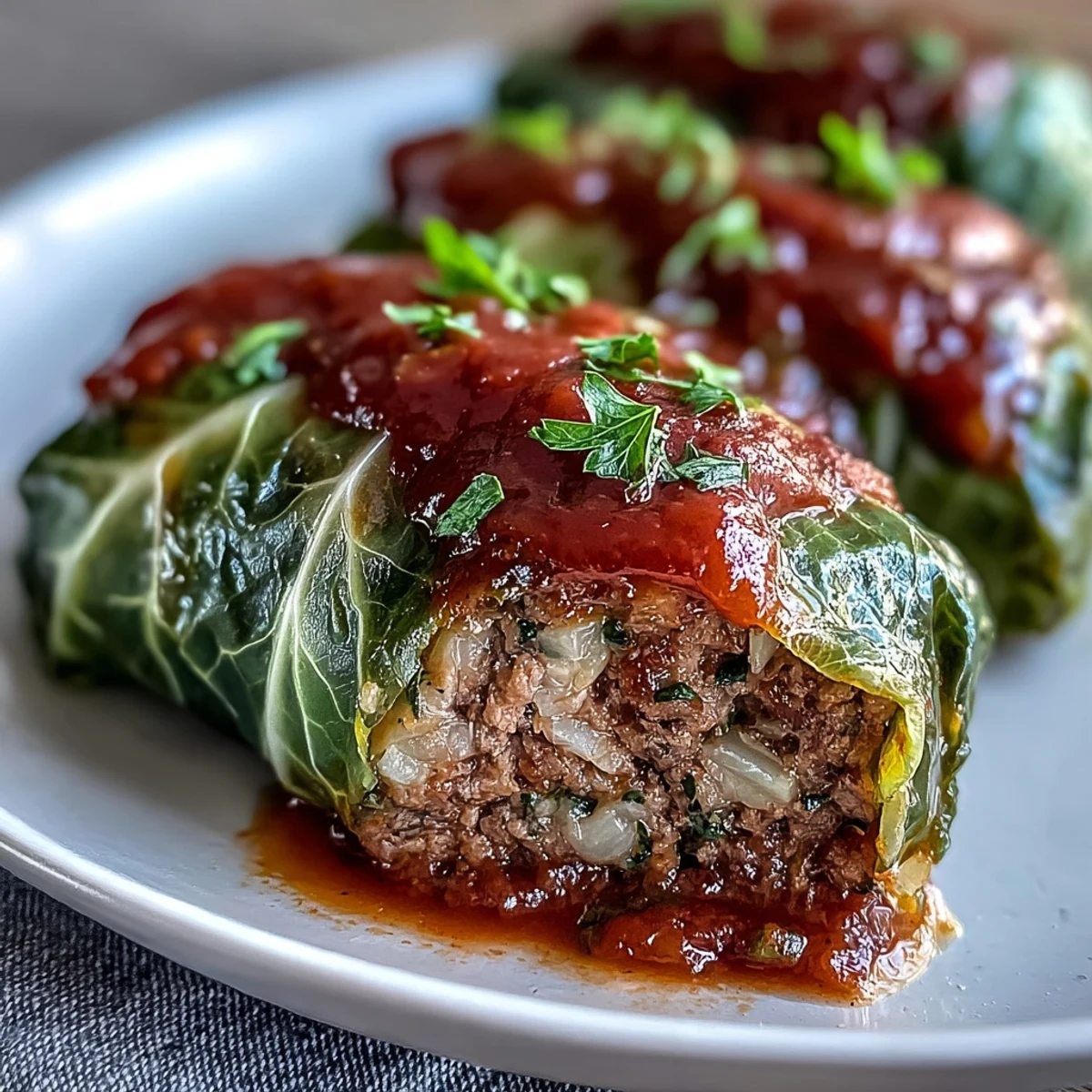Savory Cabbage Rolls emerge from the oven, swathed in rich, chunky tomato sauce and ready to serve.