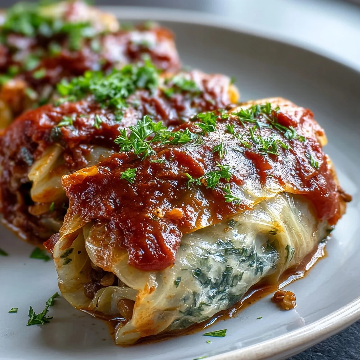 Golden-brown baked vegan cabbage rolls in rich tomato sauce, topped with fresh parsley.
