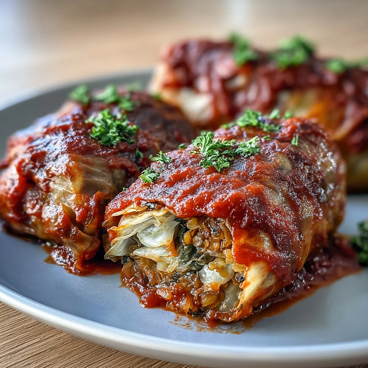 Freshly baked vegan cabbage rolls served with crusty bread on a rustic table.