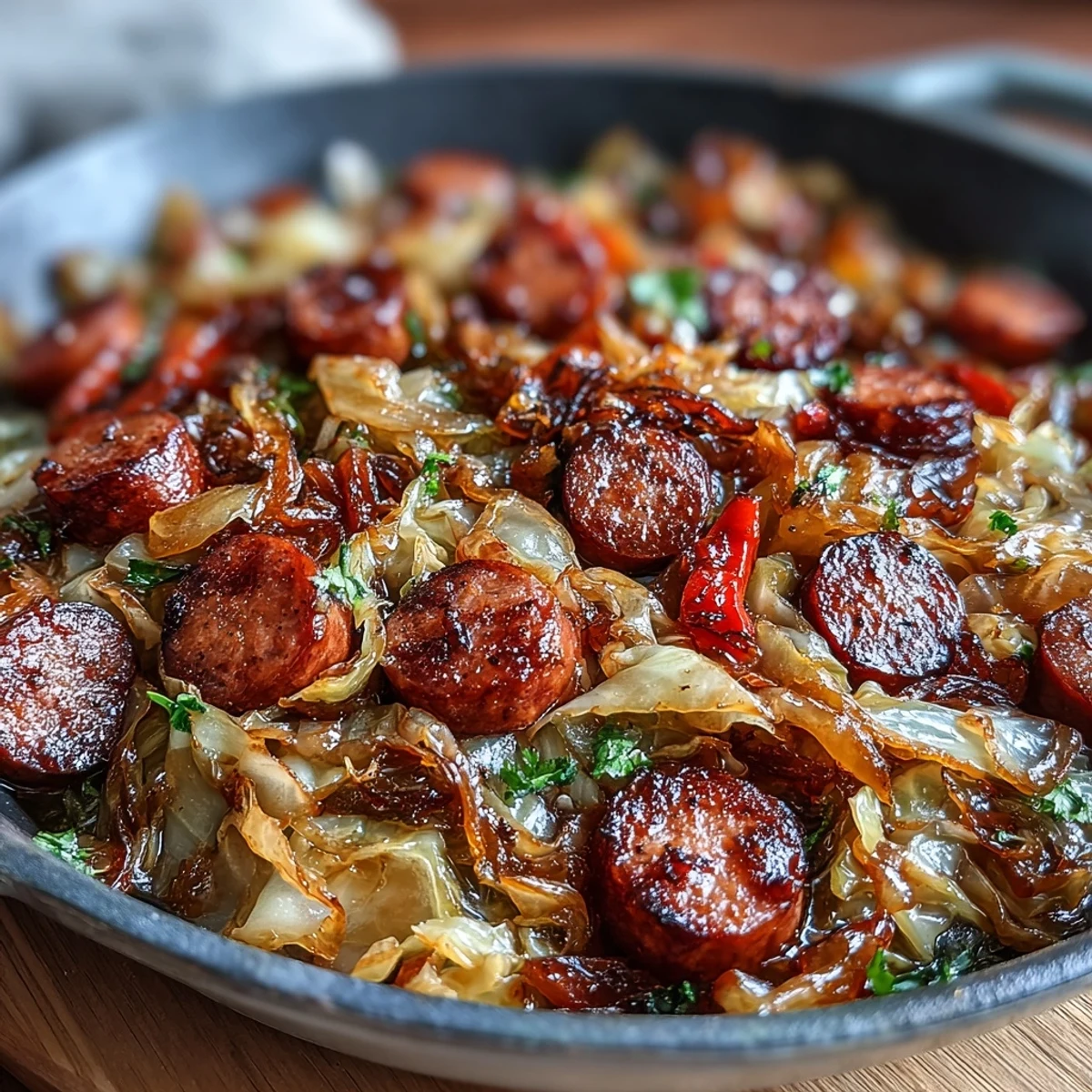 Close-up of Smothered Cabbage With Sausage Skillet on a white plate, showing caramelized edges and fresh thyme garnish.