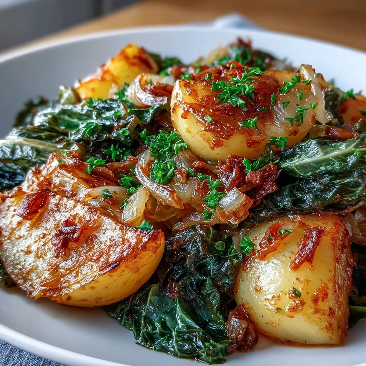 Hearty Braised Cabbage With Potatoes and Chili in a white bowl, garnished with fresh parsley and a lemon wedge for a bright finish.