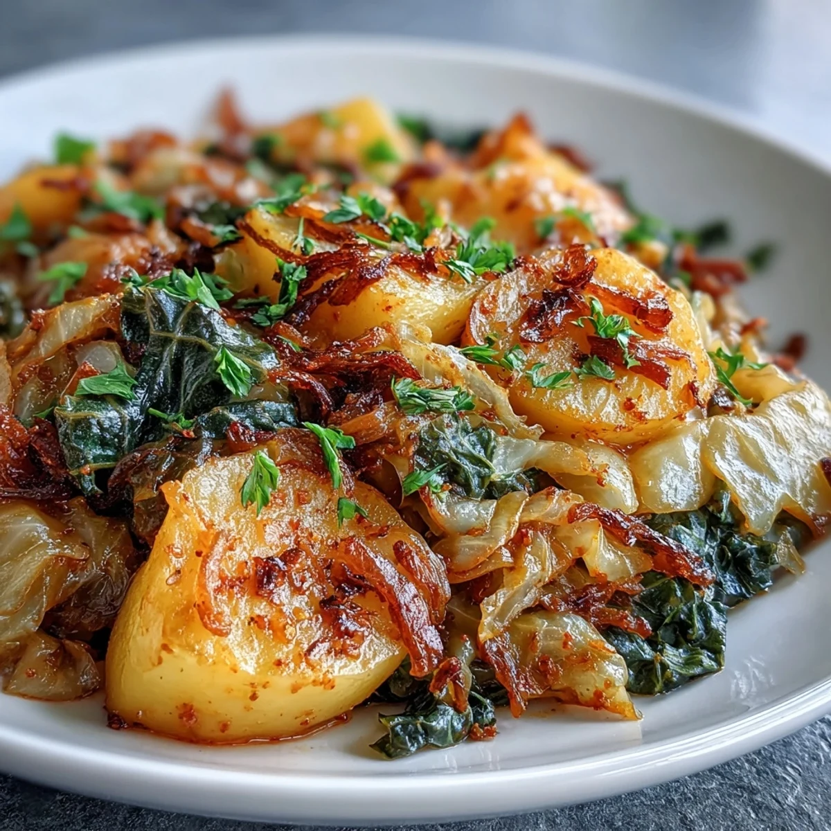 Braised Cabbage With Potatoes and Chili simmers in a Dutch oven, filled with tender cabbage and soft potatoes in a savory, spicy broth.