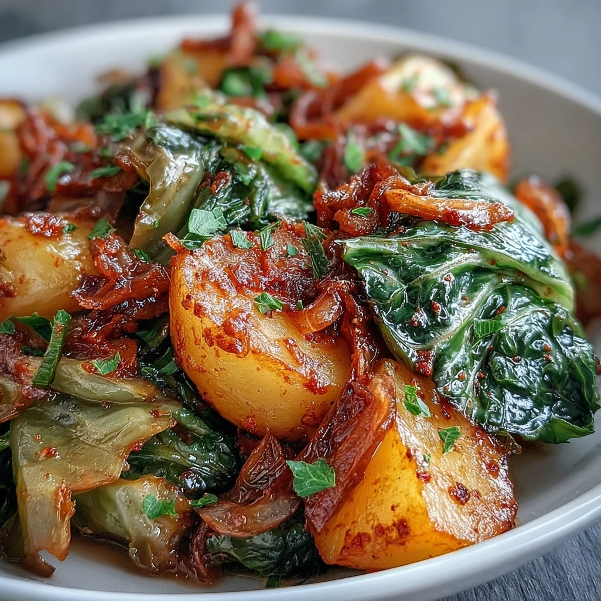 Rustic Braised Cabbage With Potatoes and Chili steaming in a skillet, showcasing soft potatoes and wilted cabbage infused with gentle chili warmth.