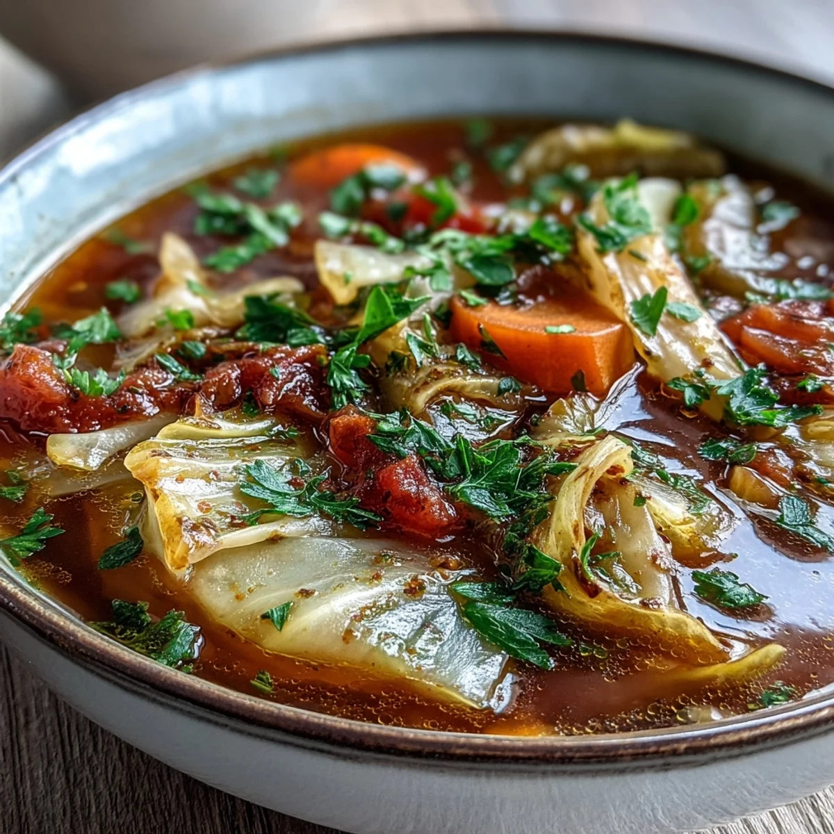 Hearty Classic Cabbage Soup simmering in a pot with diced carrots and tomatoes.