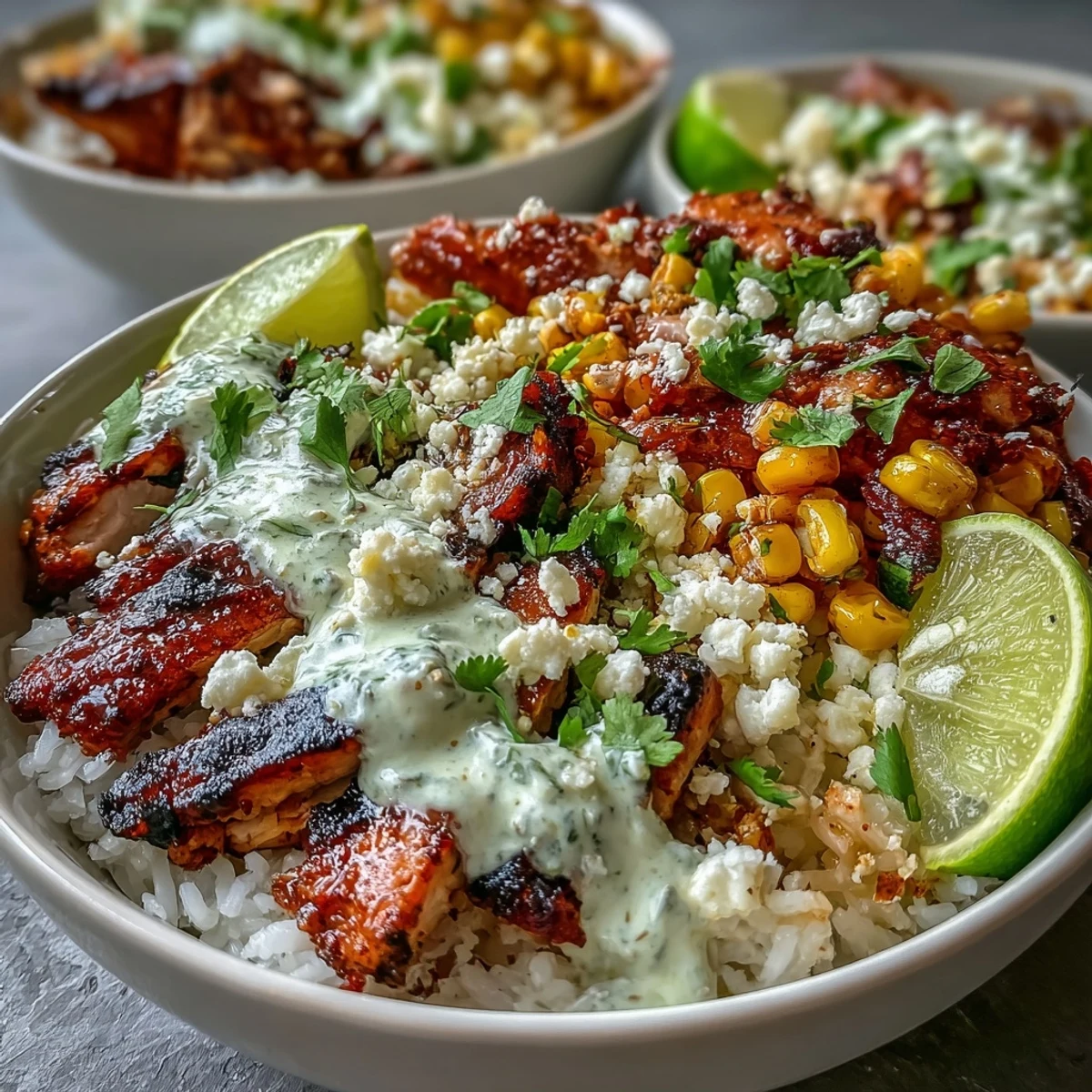 Bright citrus-marinated chicken thighs, fluffy rice, and smoky charred corn topped with creamy cotija and zesty crema for Street Corn Chicken and Rice Bowls.