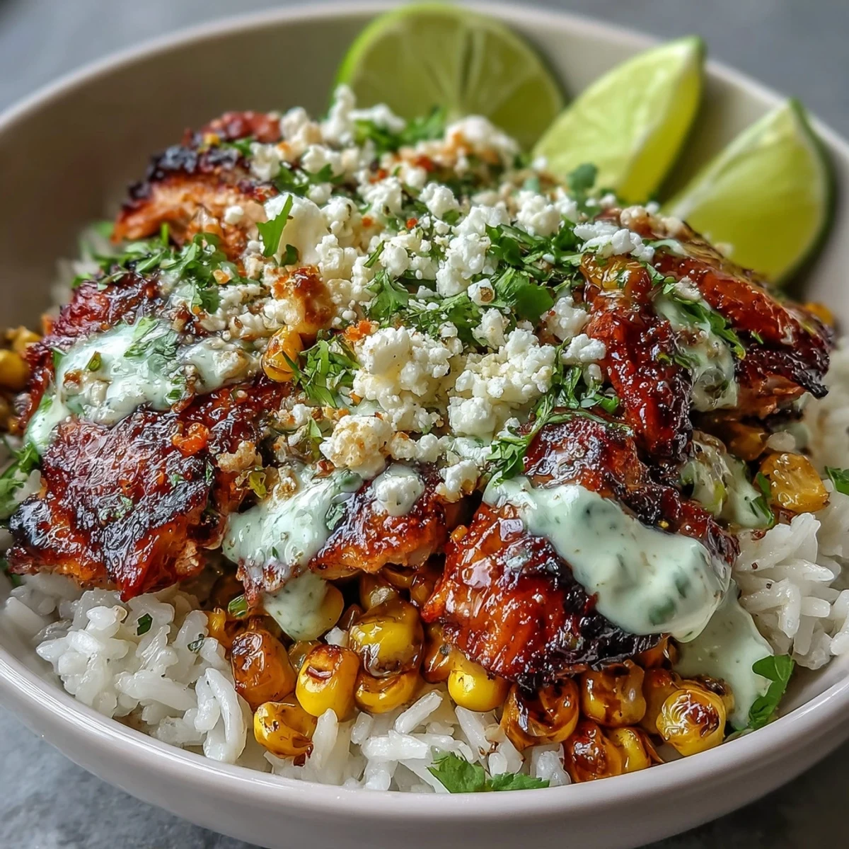 Street Corn Chicken and Rice Bowls served in white bowls with fresh cilantro, lime wedges, and a drizzle of spicy crema, ready for dinner.