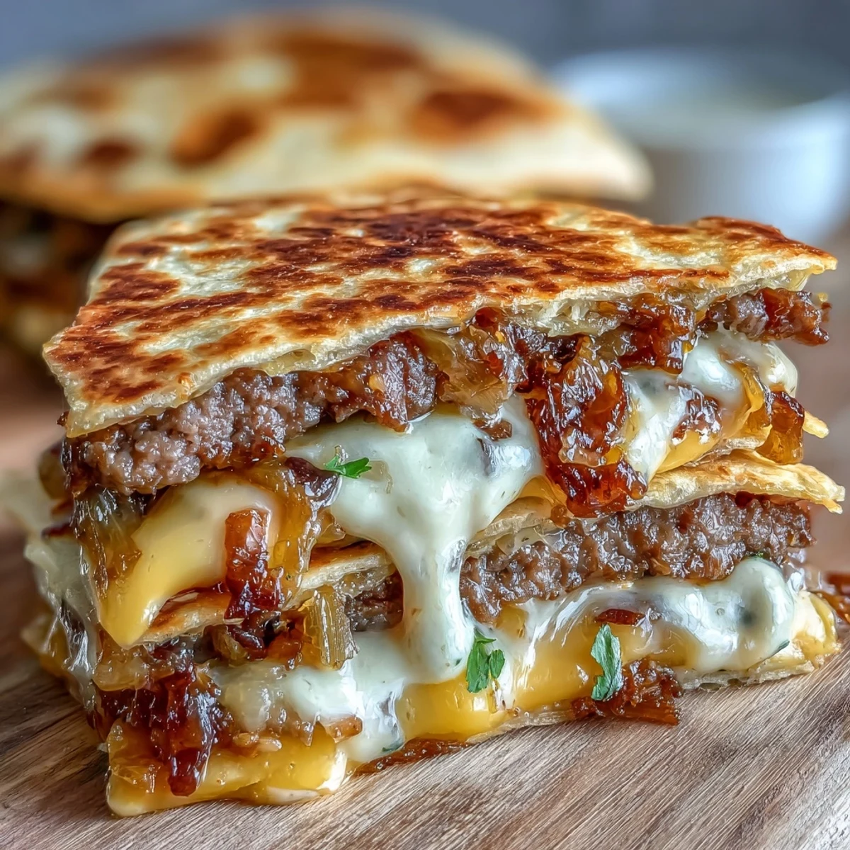 Golden-brown Cheesy Griddled Smashburger Quesadillas, featuring melted cheddar and American cheese oozing from crispy edges.