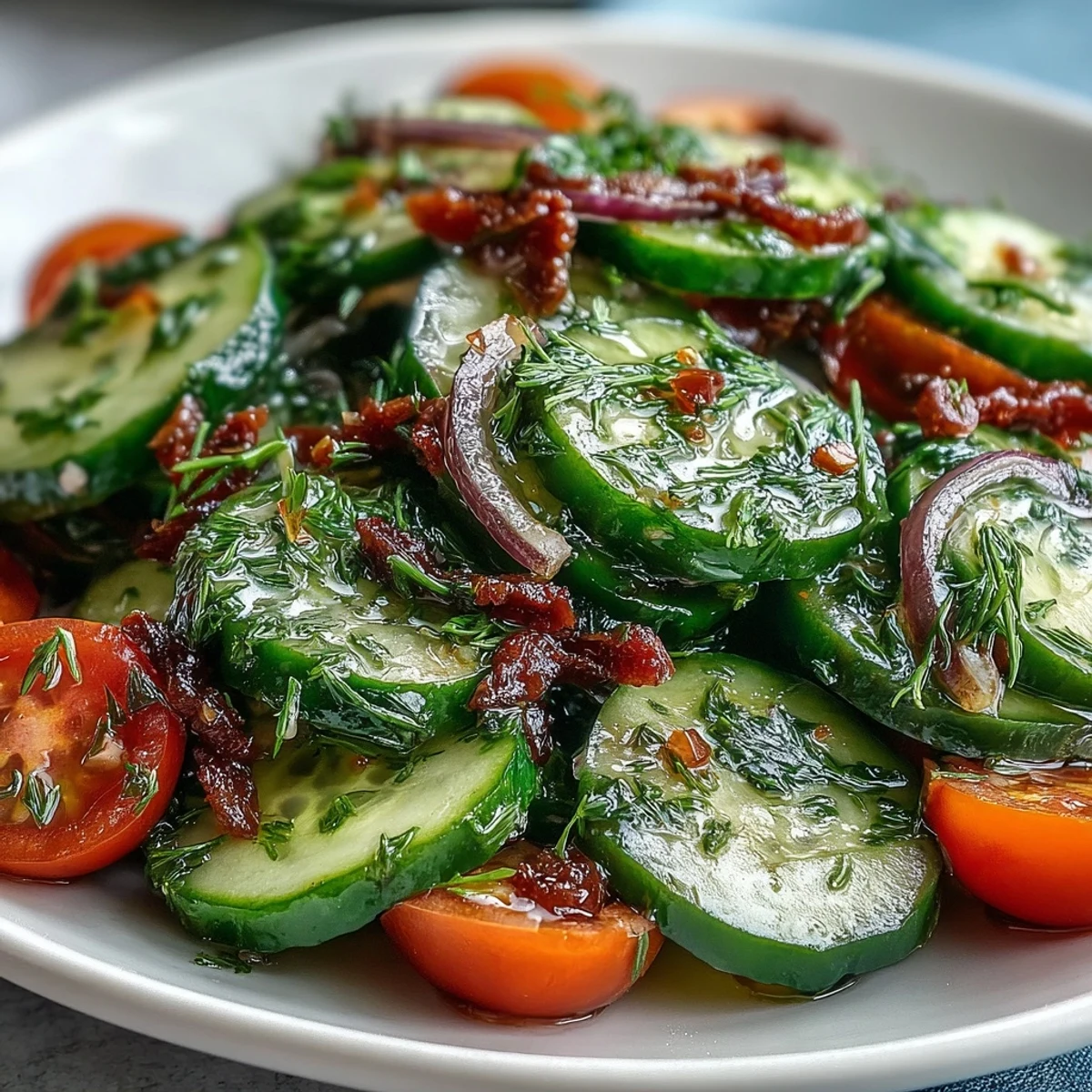 Bright, thinly sliced cucumbers and red onion tossed in a tangy vinegar dressing, garnished with fresh dill, for a refreshing Crunchy Cucumber Salad.