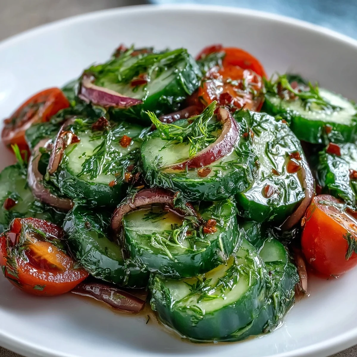 Chilled, crisp Refreshing Crunchy Cucumber Salad with julienned carrot and sesame seeds, served in a white bowl for an easy light lunch.