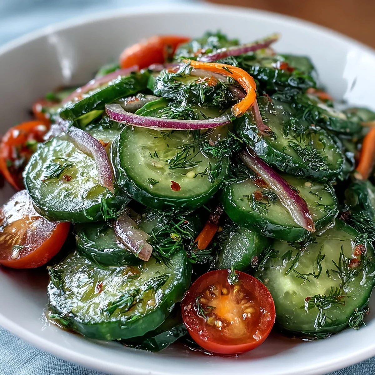 Quick Refreshing Crunchy Cucumber Salad with cherry tomatoes and fresh mint leaves, drizzled in a sweet-tart dressing for a vibrant side dish.