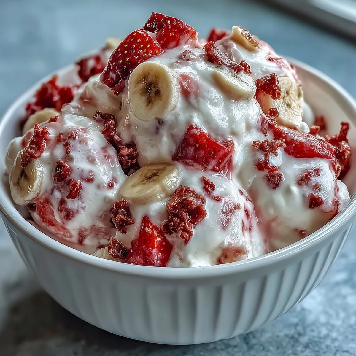 Homemade Strawberry & Banana Yoghurt Clusters on a tray, featuring creamy Greek yogurt with crisp freeze-dried fruit for a refreshing frozen dessert.