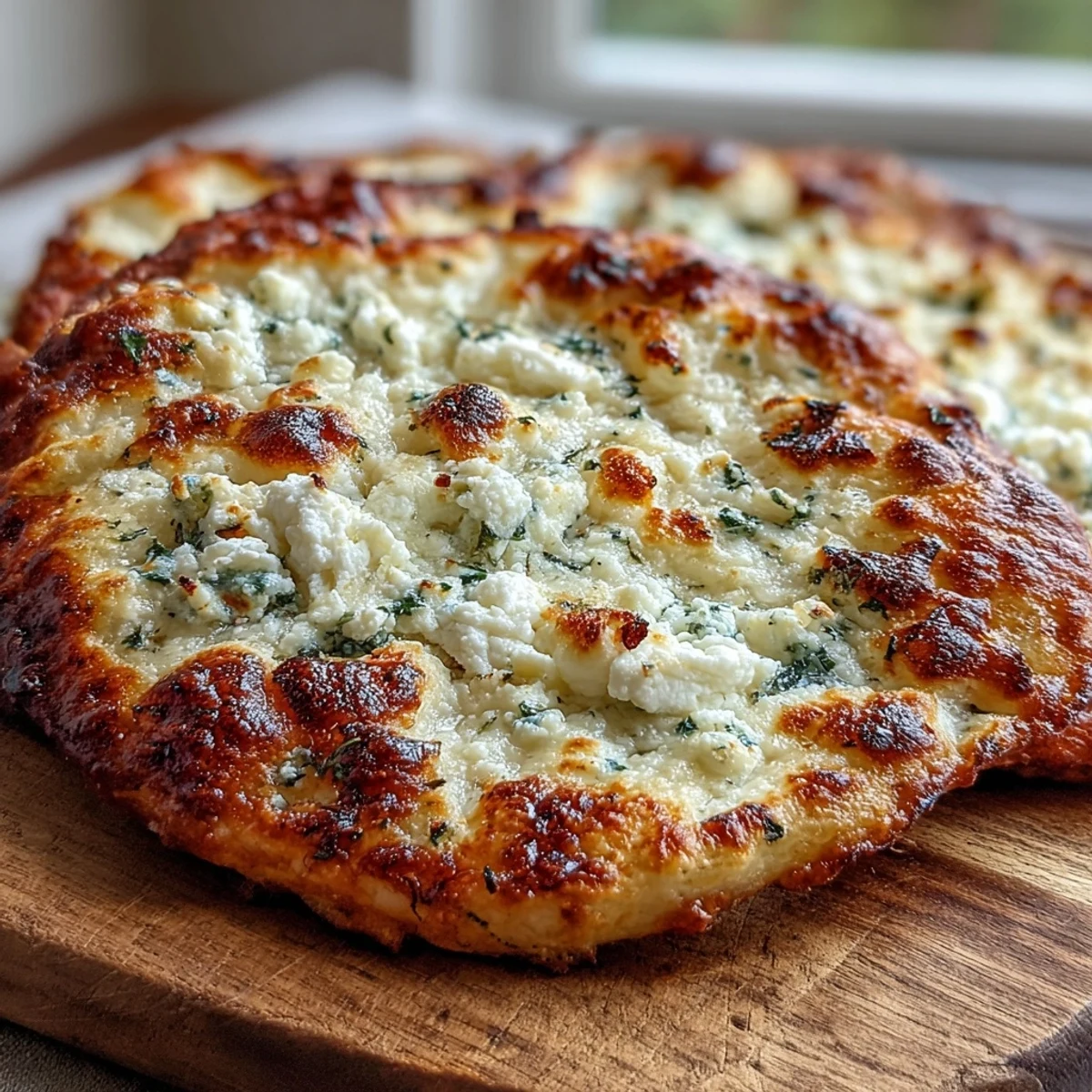 Homemade Fluffy Cottage Cheese Flatbread brushed with olive oil and herbs, ideal for a quick vegetarian lunch or pizza base.
