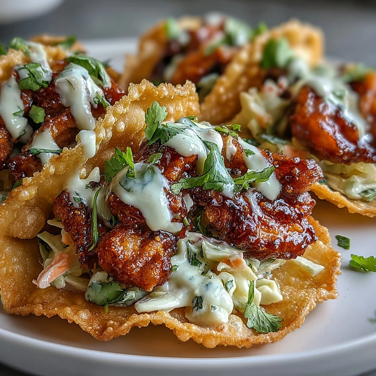 These Crispy Chicken Wonton Tacos offer a crunchy bite, topped with bright cilantro and a zesty lime wedge.