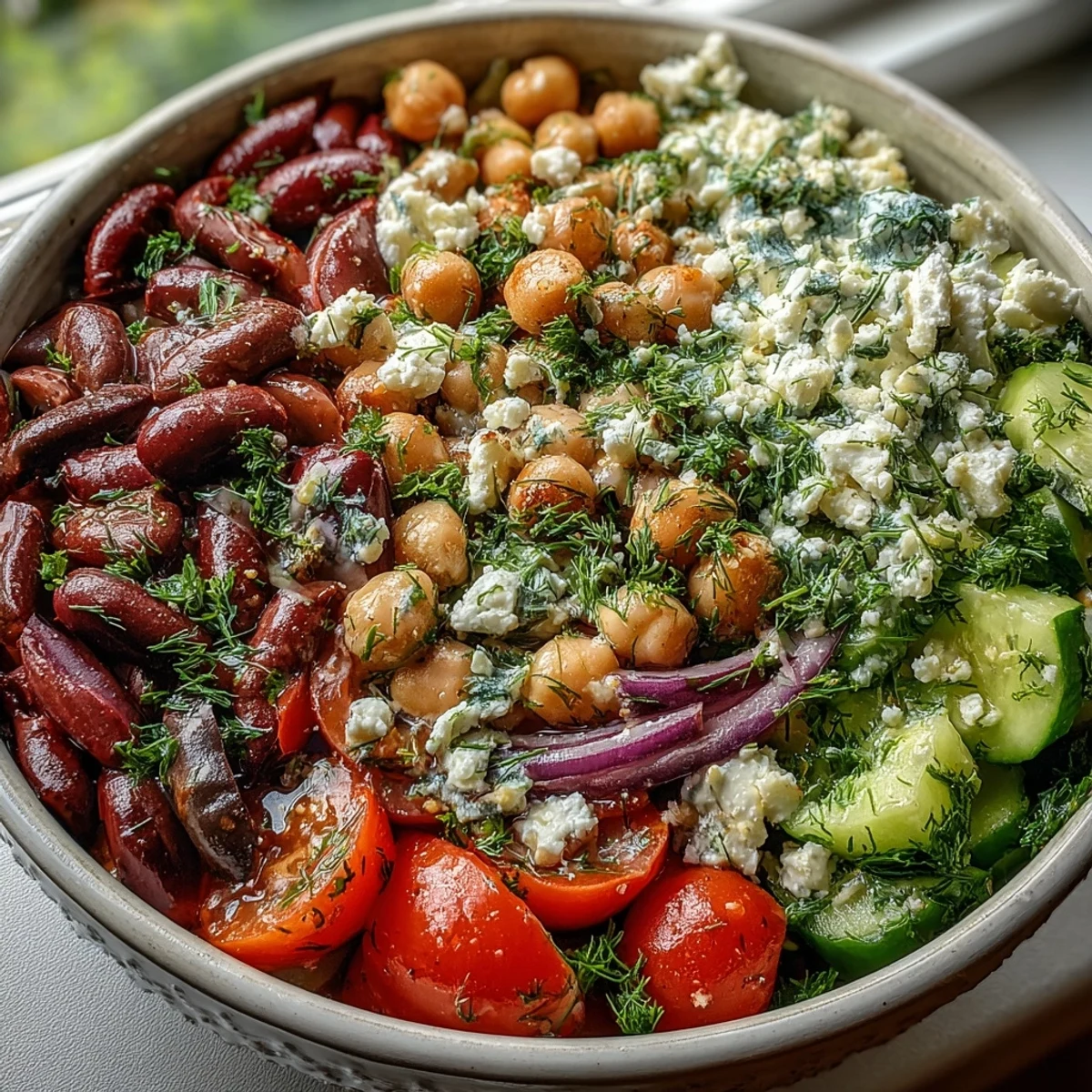 Bright Greek Bean Salad in a white bowl, featuring marinated beans, crisp cucumbers, sweet tomatoes, and crumbled feta cheese.