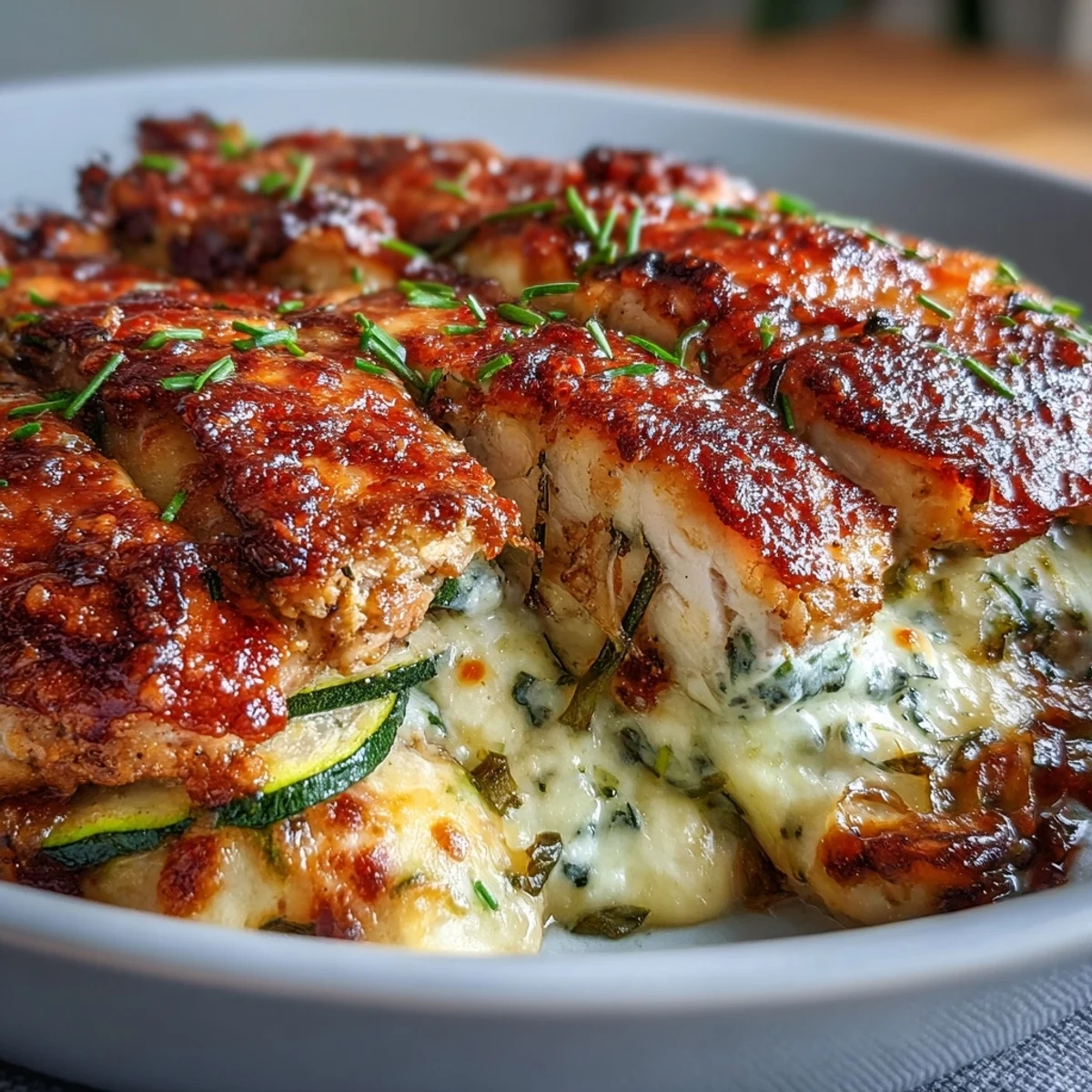 Golden-brown High Protein Chicken Zucchini Bake with melted mozzarella and fresh parsley garnish, served warm in a baking dish.