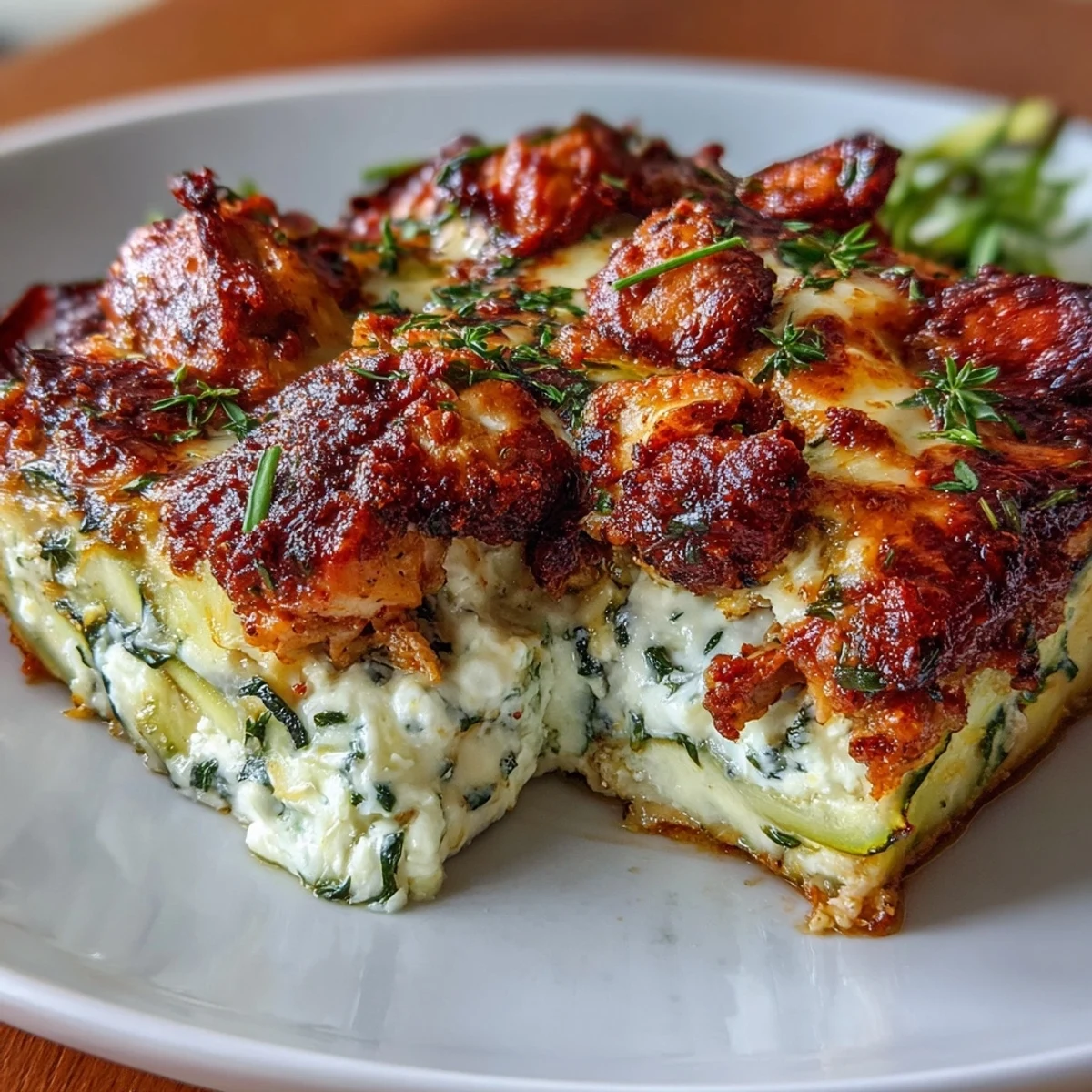 High Protein Chicken Zucchini Bake fresh from the oven with a golden parmesan crust and steam rising for a cozy dinner.